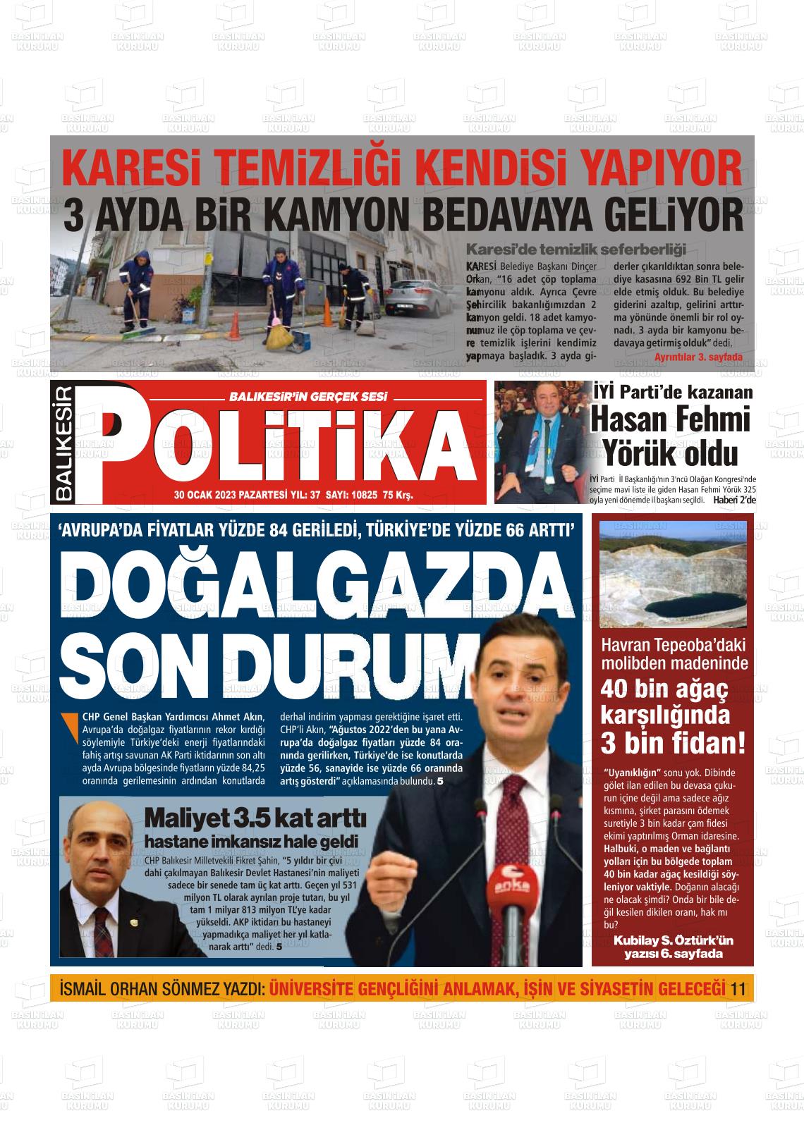 30 Ocak 2023 Balıkesir Politika Gazete Manşeti