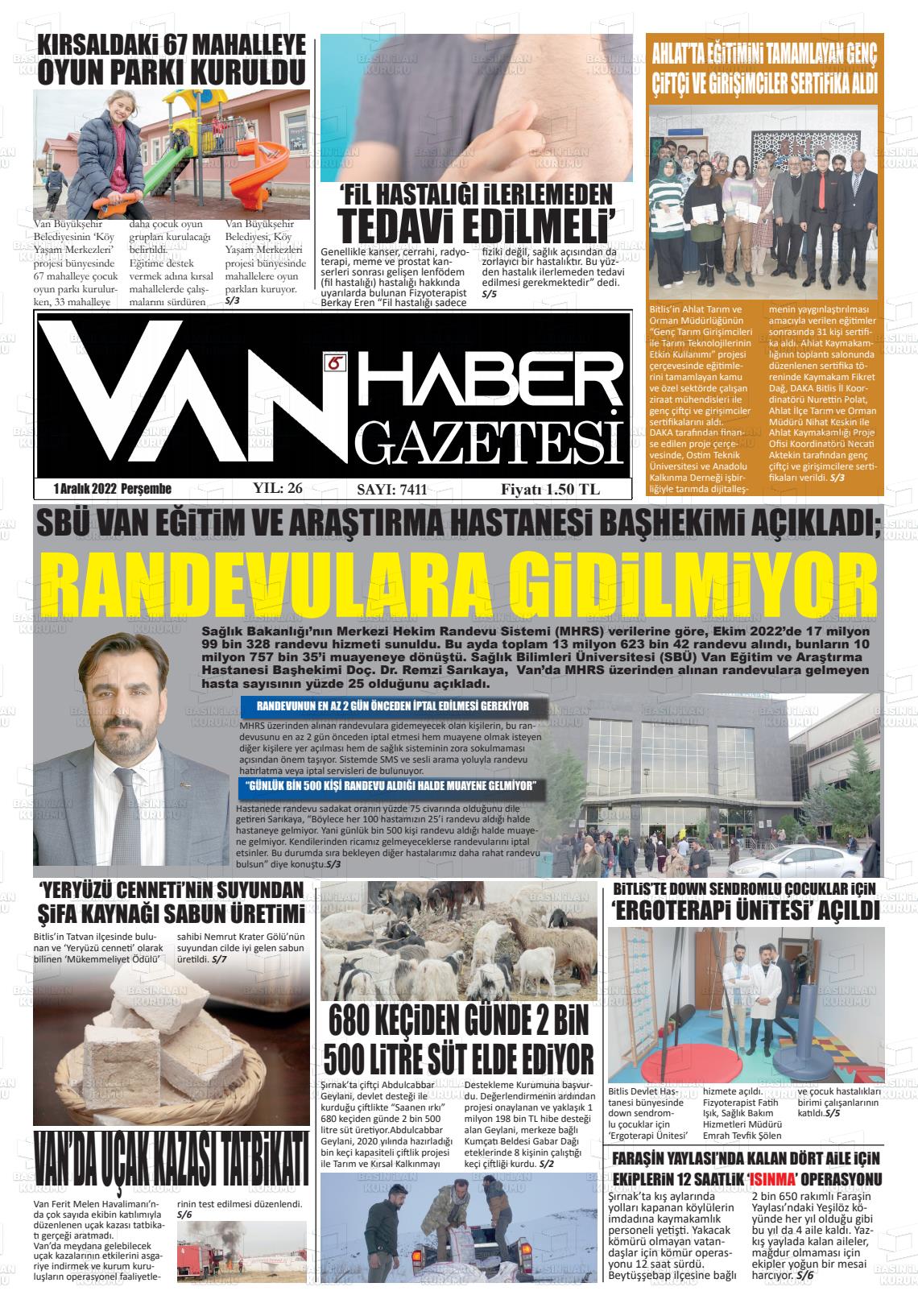01 Aralık 2022 Van Prestij Gazete Manşeti