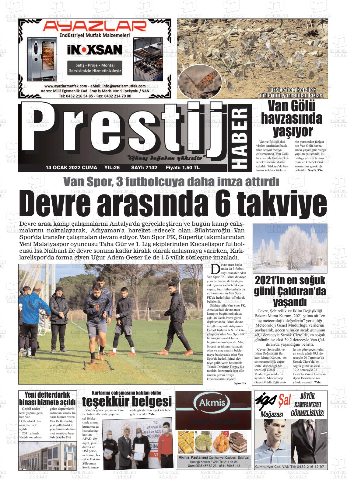 14 Ocak 2022 Van Prestij Gazete Manşeti