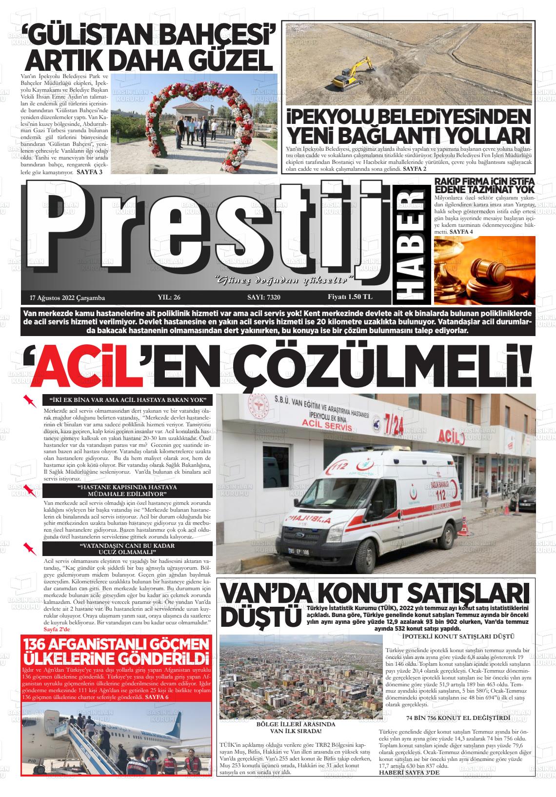 17 Ağustos 2022 Van Prestij Gazete Manşeti