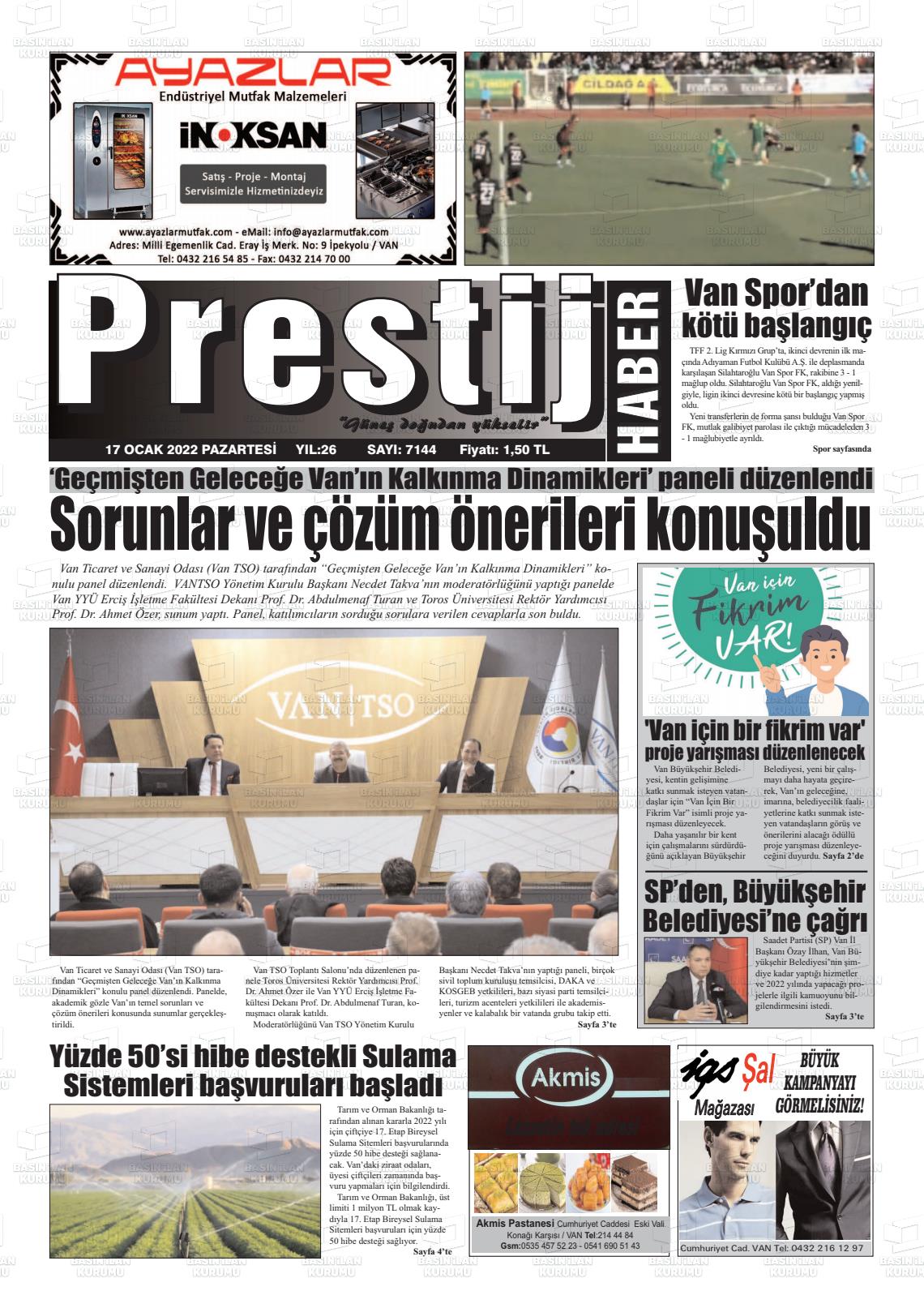 17 Ocak 2022 Van Prestij Gazete Manşeti