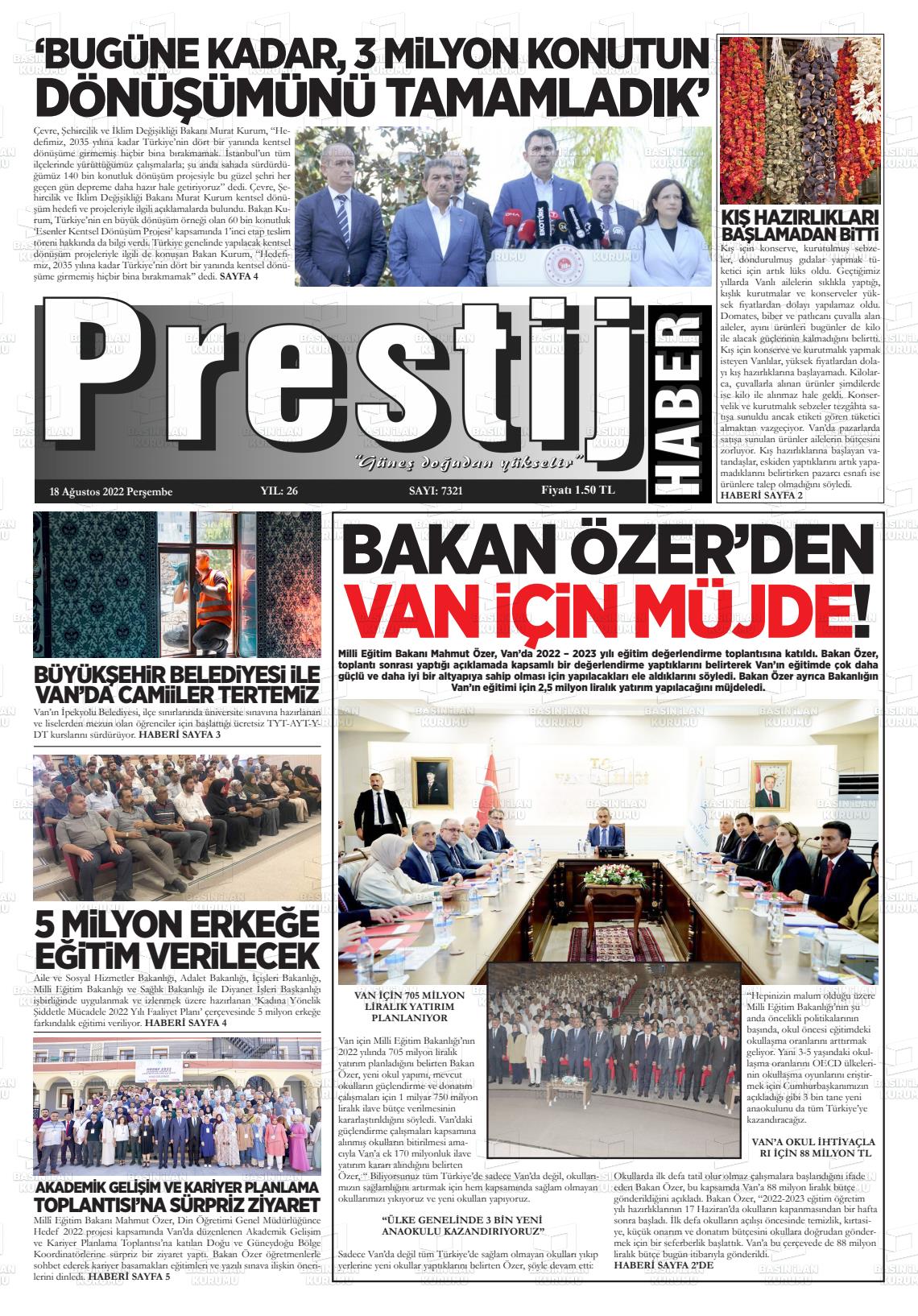 18 Ağustos 2022 Van Prestij Gazete Manşeti