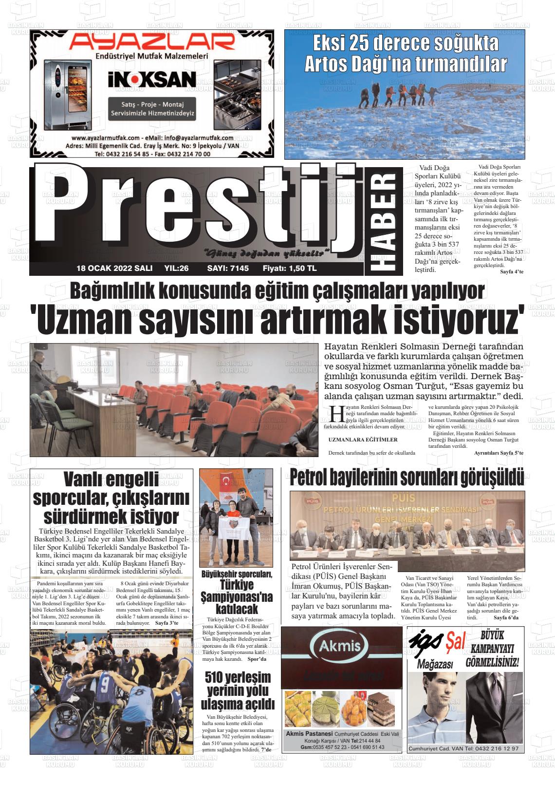 18 Ocak 2022 Van Prestij Gazete Manşeti