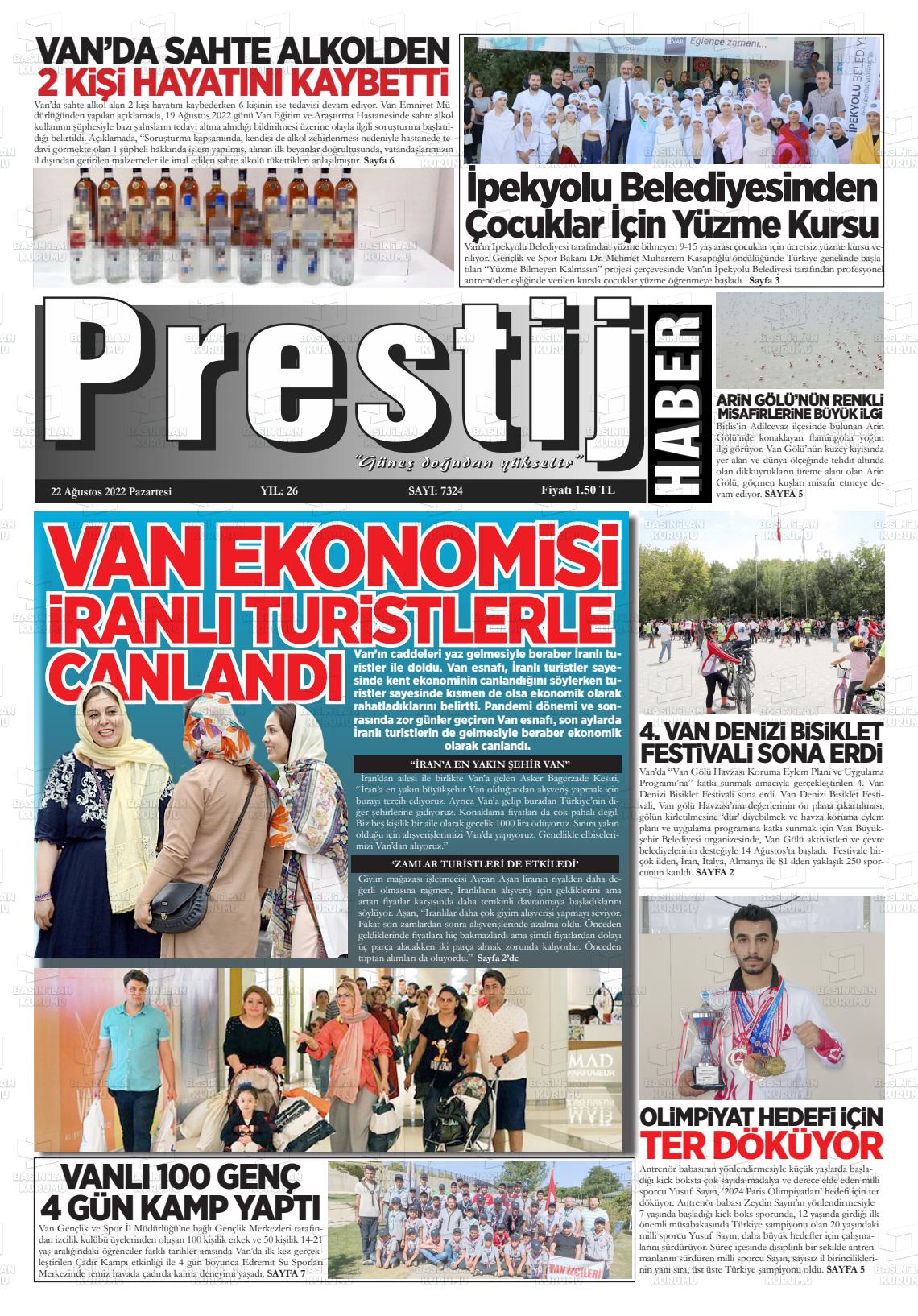 22 Ağustos 2022 Van Prestij Gazete Manşeti