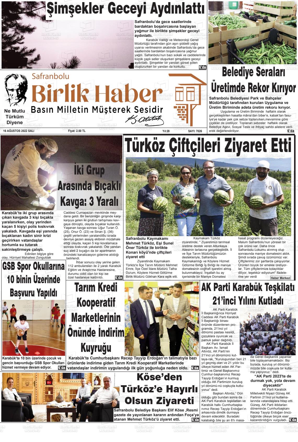 16 Ağustos 2022 Safranboluda Sonsöz Gazete Manşeti