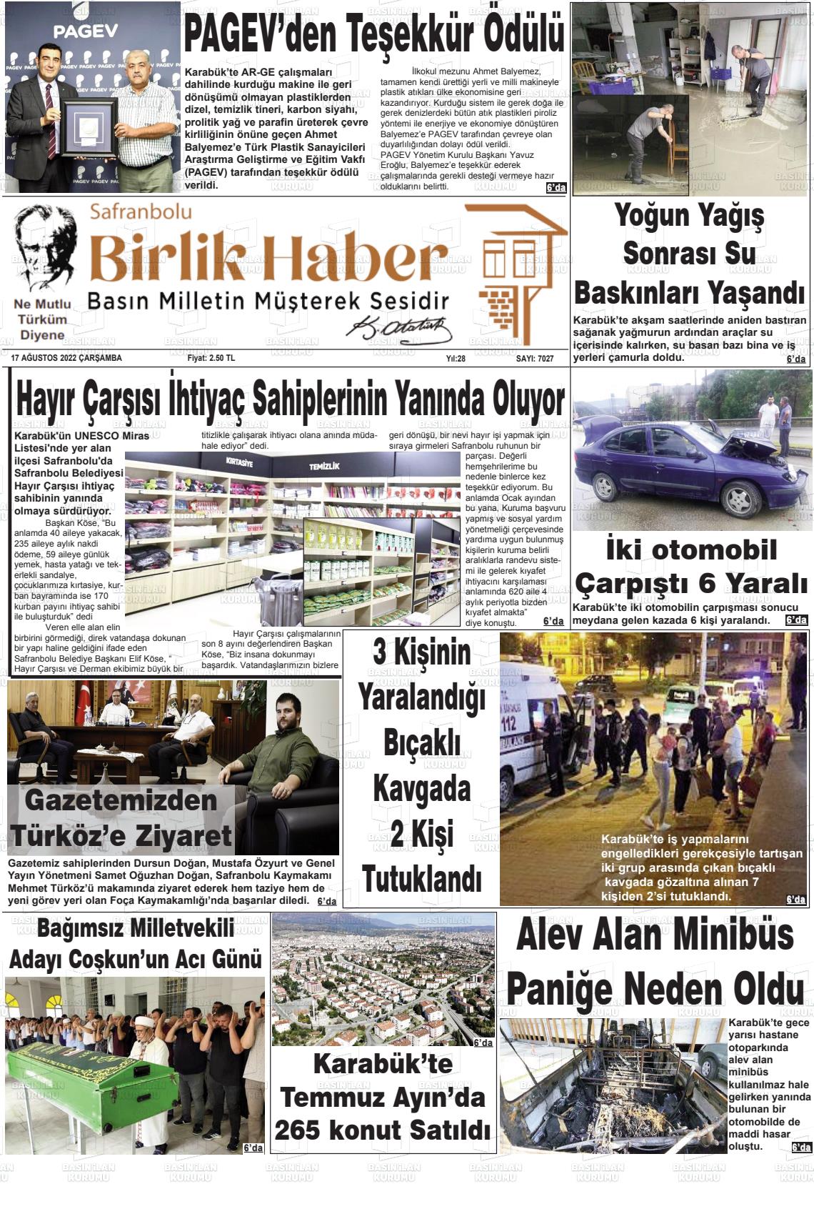 17 Ağustos 2022 Safranboluda Sonsöz Gazete Manşeti
