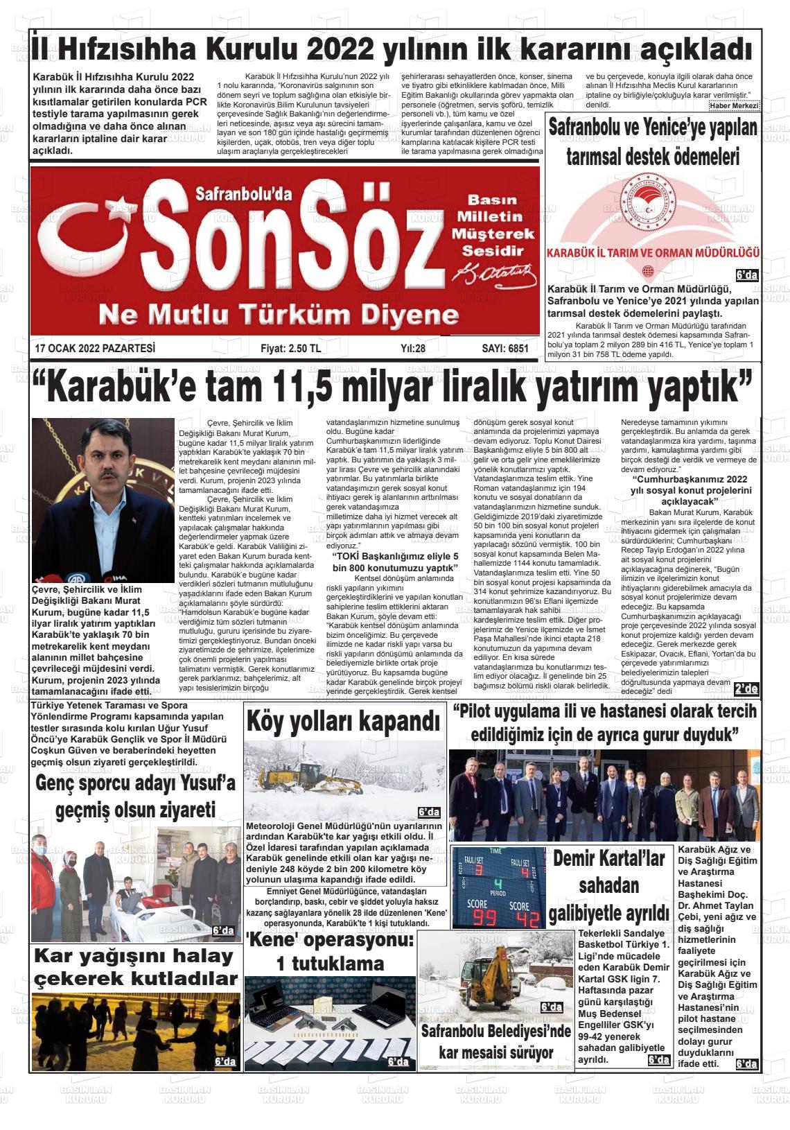 17 Ocak 2022 Safranboluda Sonsöz Gazete Manşeti