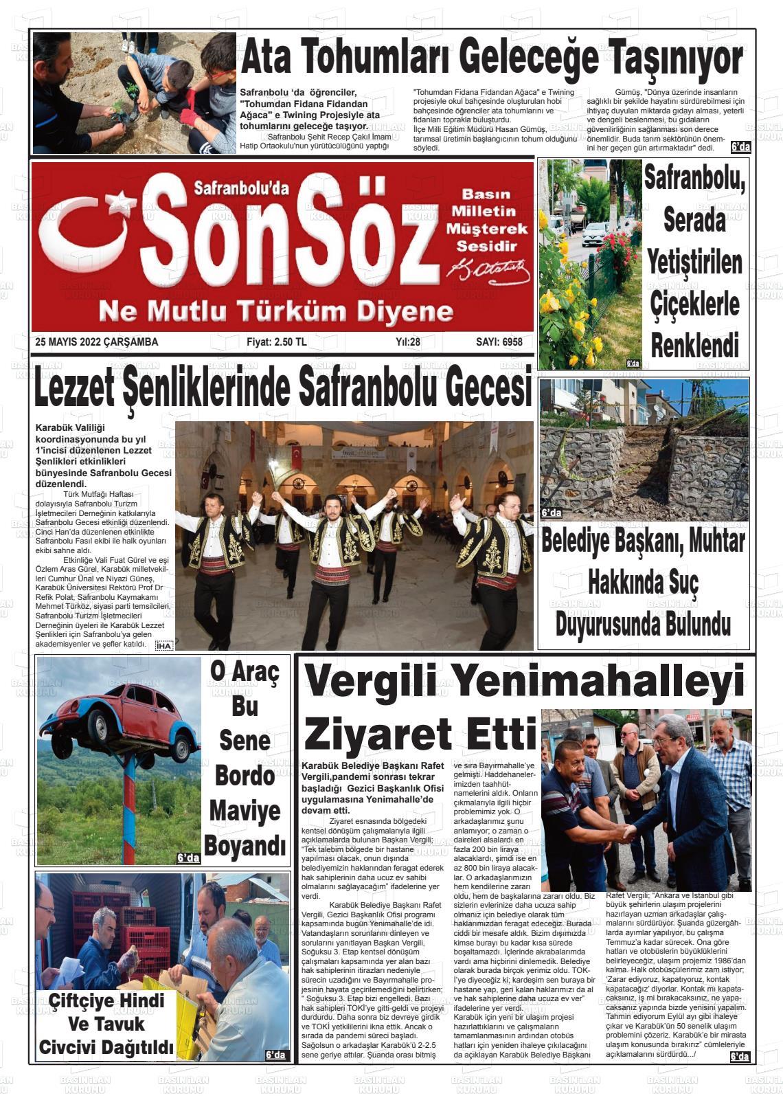 25 Mayıs 2022 Safranboluda Sonsöz Gazete Manşeti