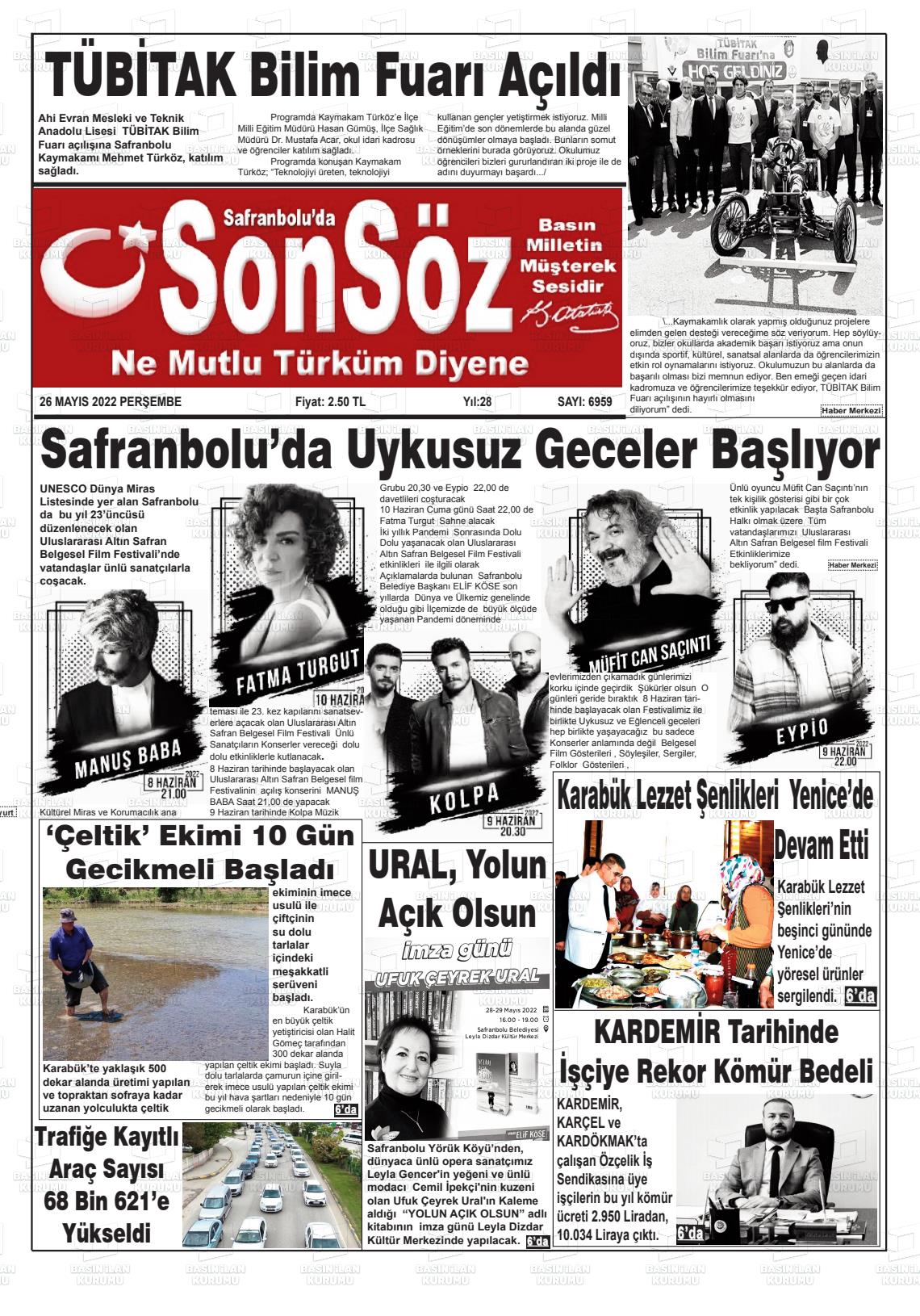 26 Mayıs 2022 Safranboluda Sonsöz Gazete Manşeti