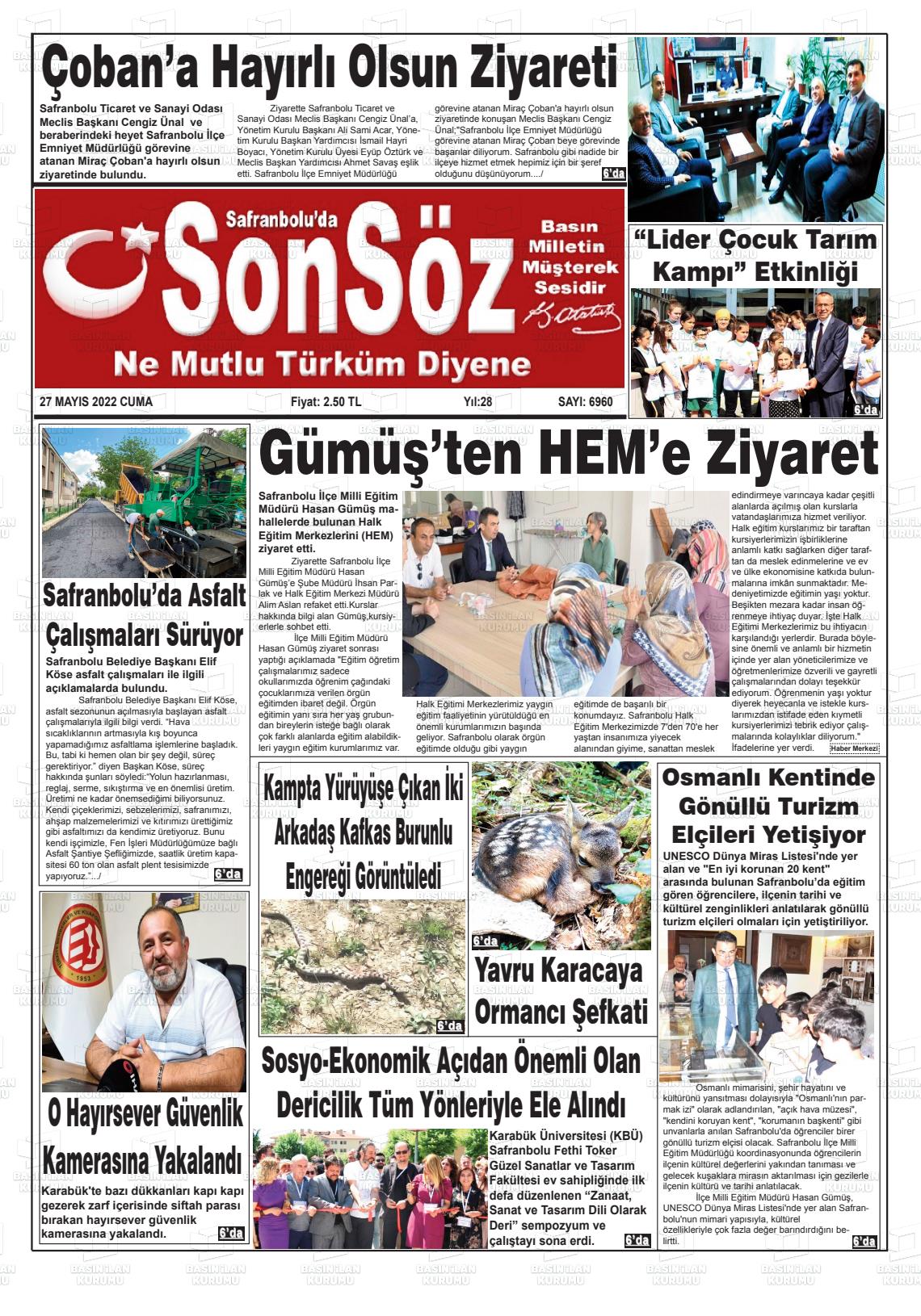 27 Mayıs 2022 Safranboluda Sonsöz Gazete Manşeti