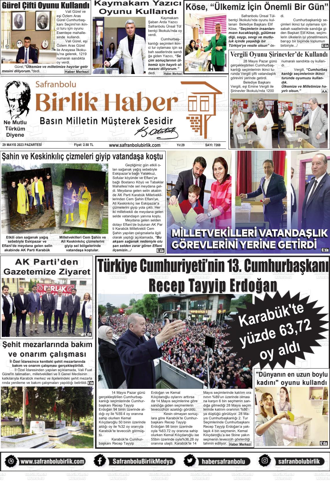 29 Mayıs 2023 Safranboluda Sonsöz Gazete Manşeti