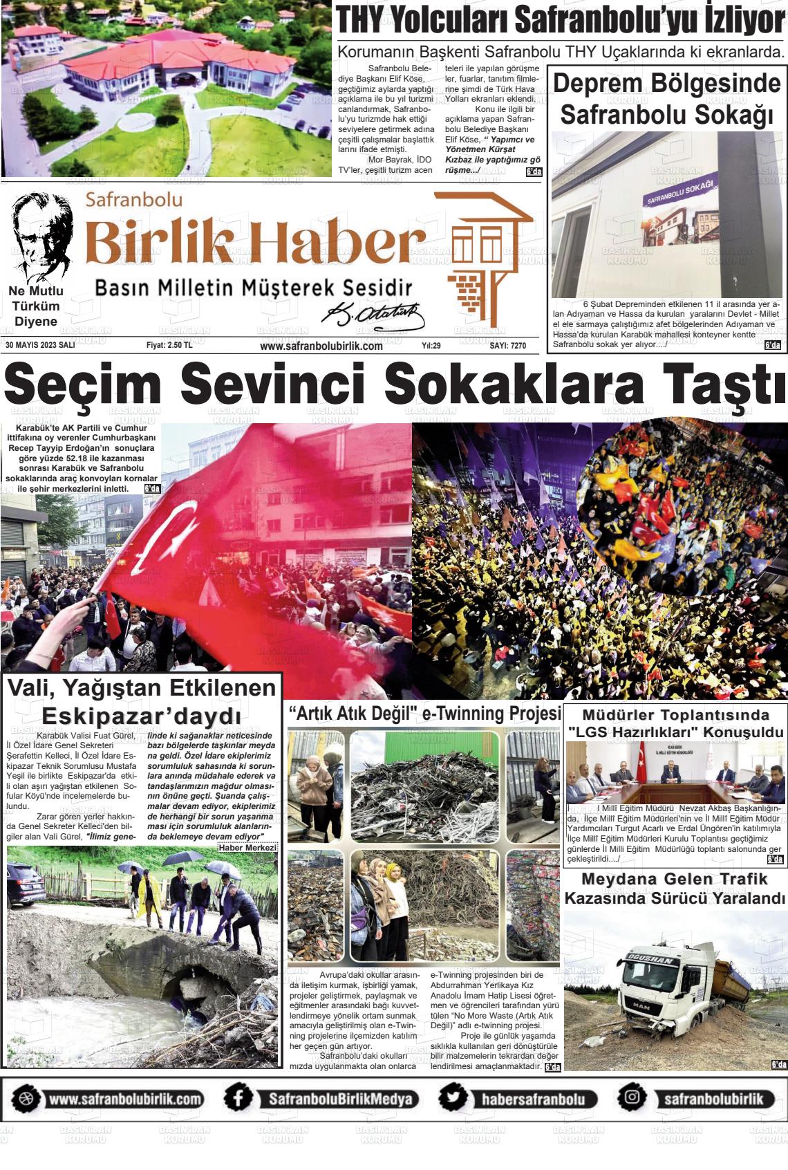 30 Mayıs 2023 Safranboluda Sonsöz Gazete Manşeti