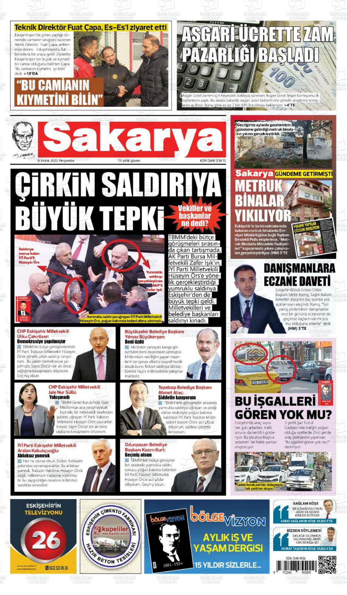 08 Aralık 2022 Sakarya Gazete Manşeti