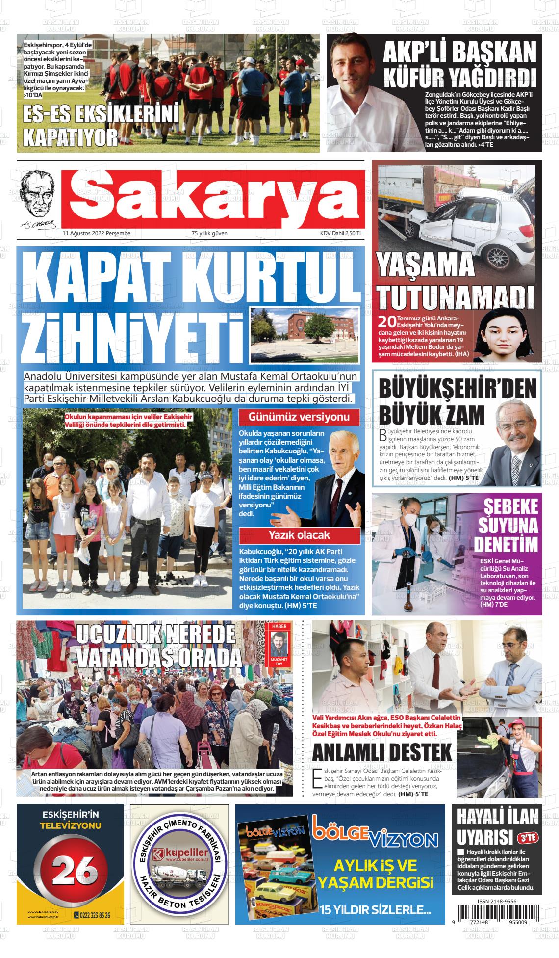 11 Ağustos 2022 Sakarya Gazete Manşeti