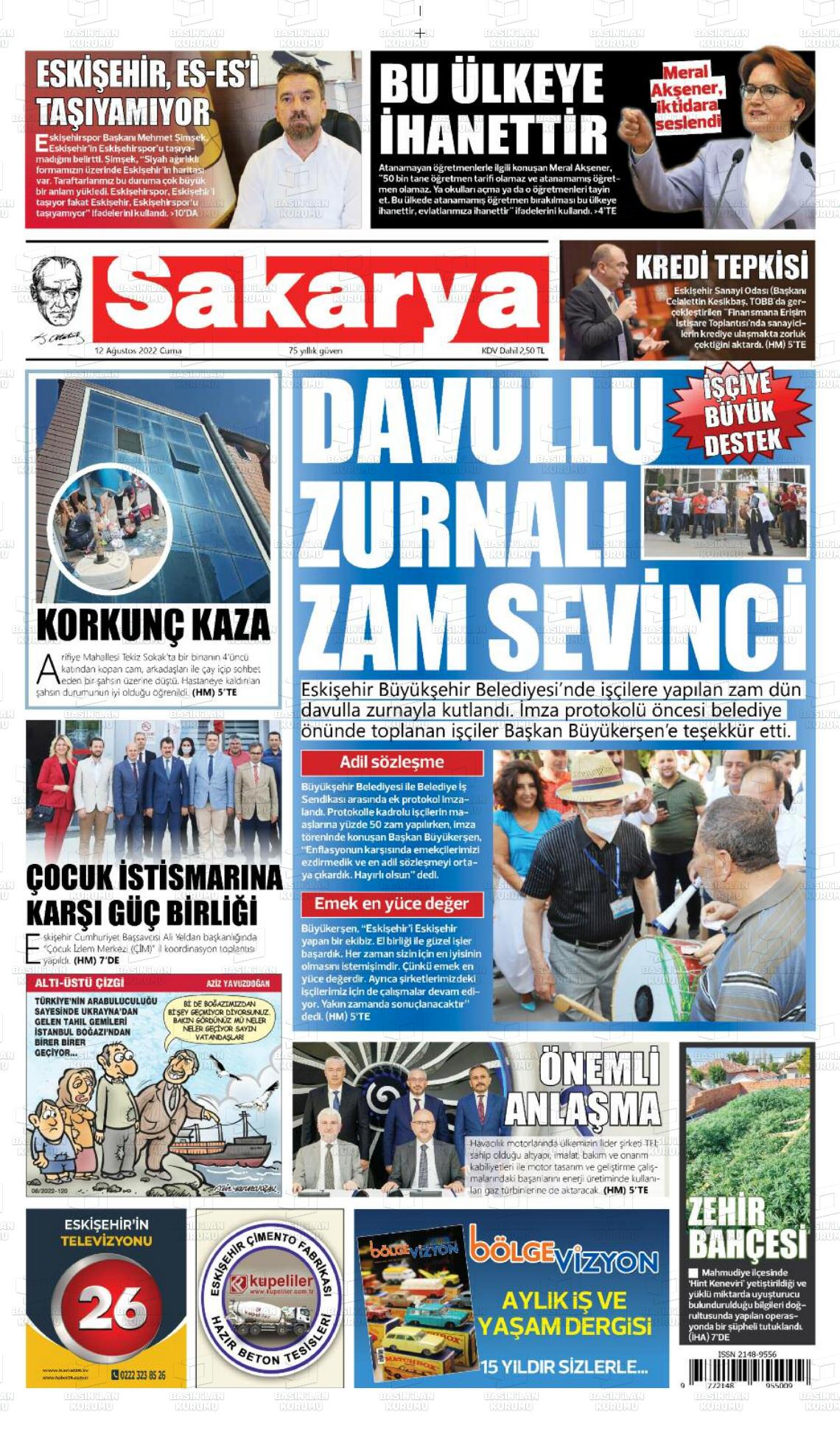 12 Ağustos 2022 Sakarya Gazete Manşeti