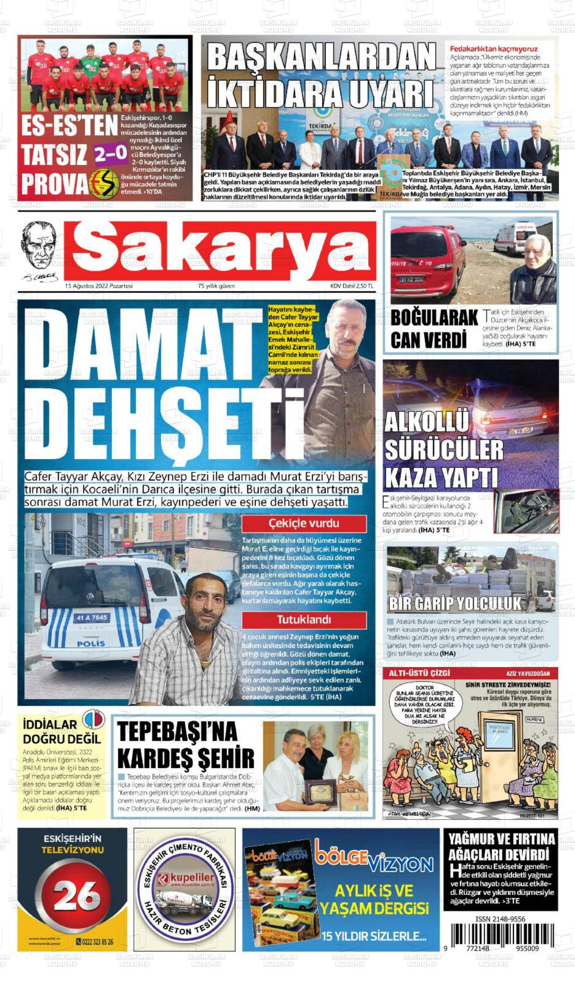 15 Ağustos 2022 Sakarya Gazete Manşeti