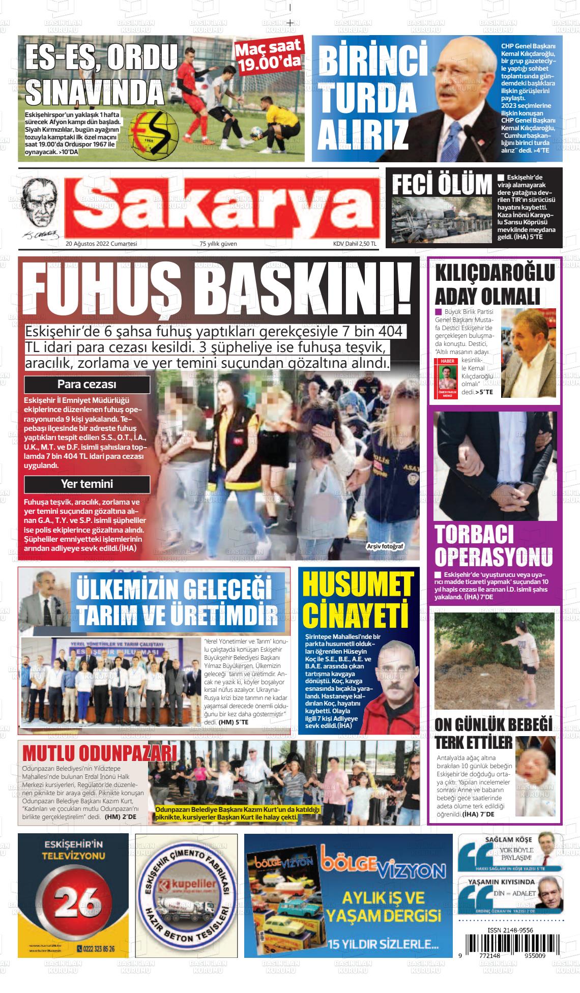 20 Ağustos 2022 Sakarya Gazete Manşeti