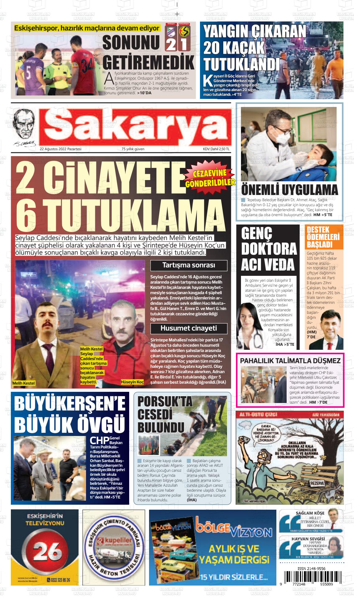 22 Ağustos 2022 Sakarya Gazete Manşeti