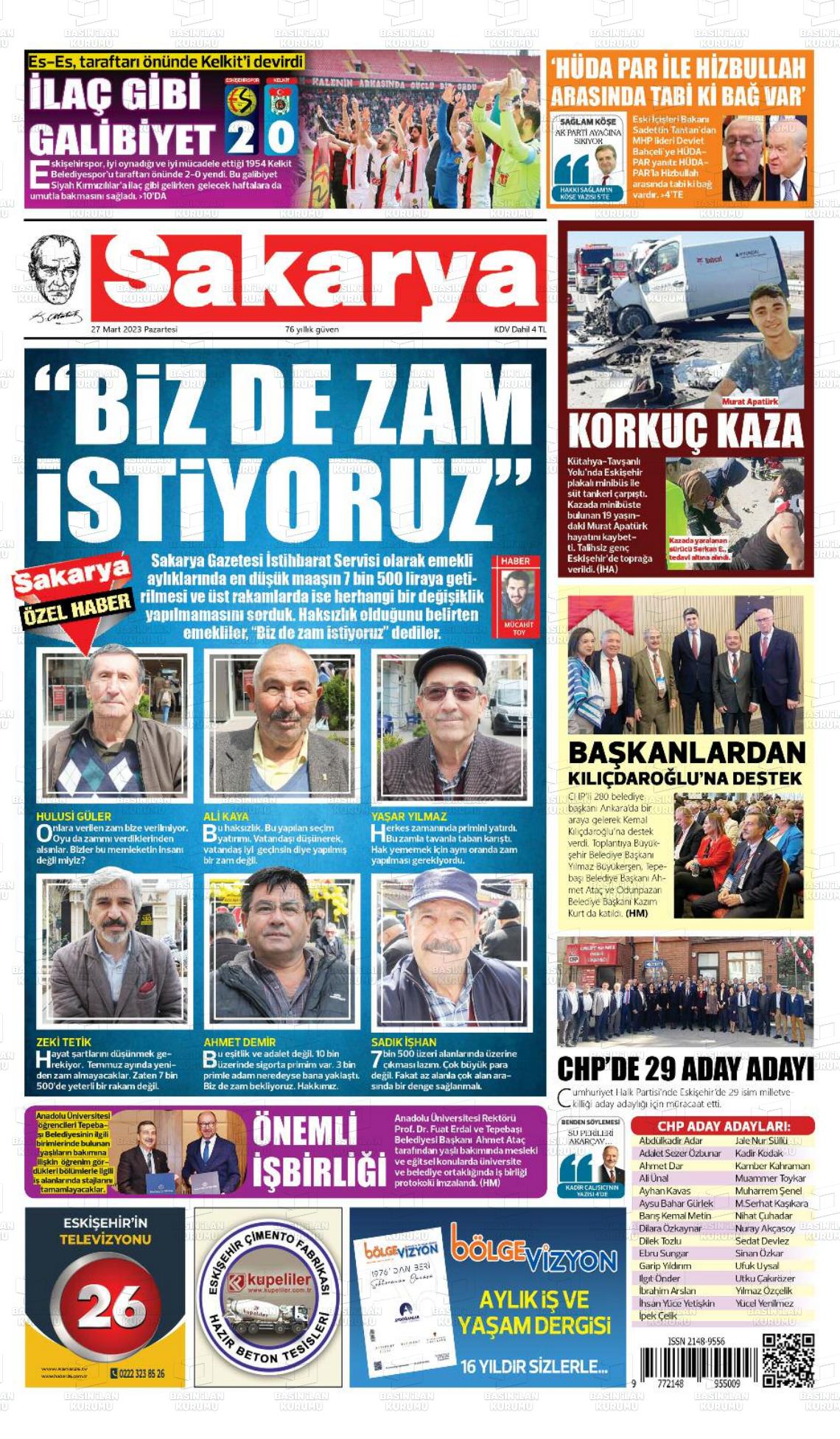 27 Mart 2023 Sakarya Gazete Manşeti