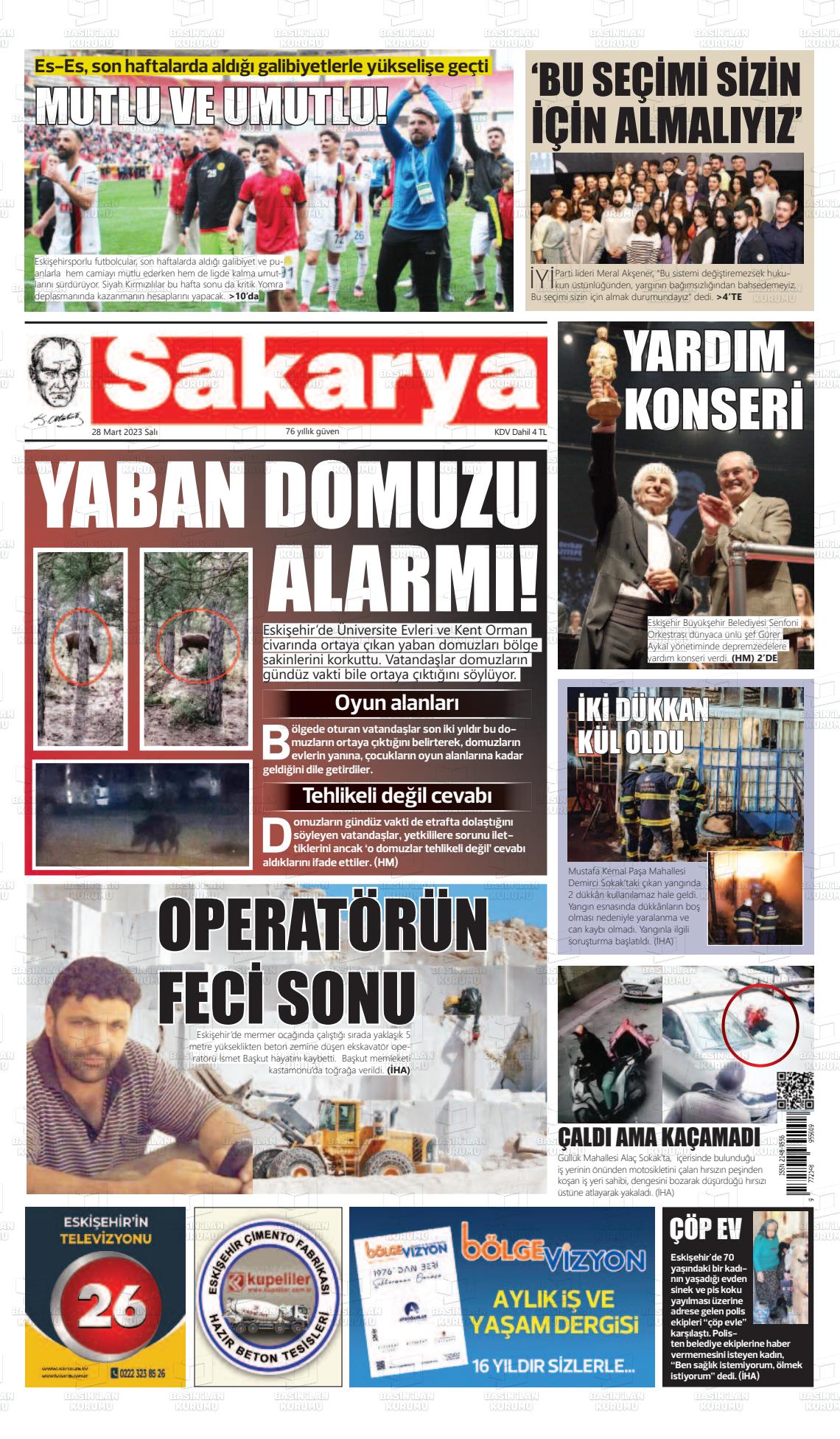 28 Mart 2023 Sakarya Gazete Manşeti