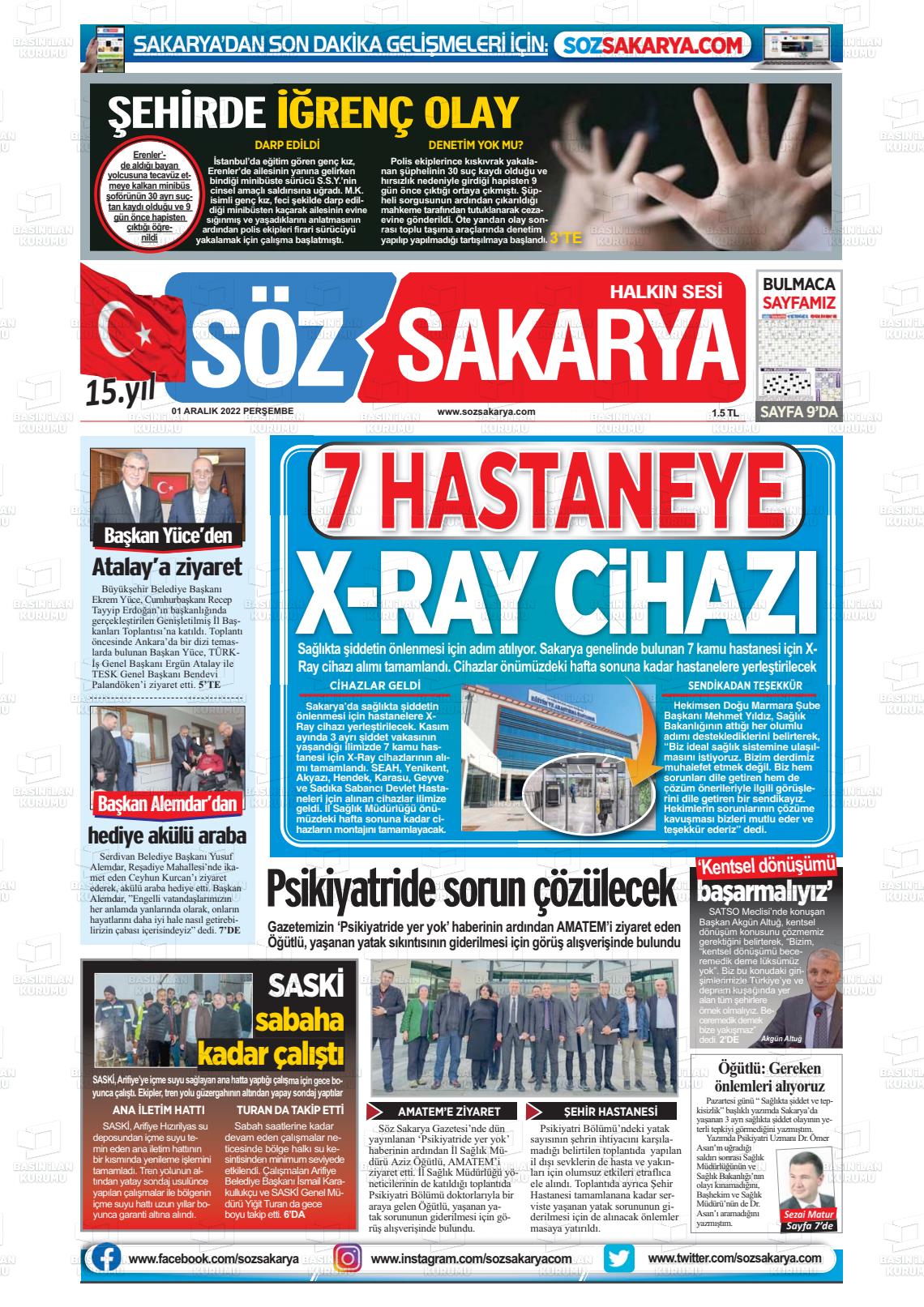 01 Aralık 2022 Sakarya Halk Gazete Manşeti