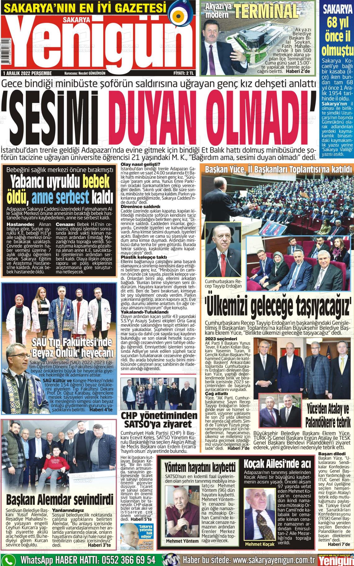 01 Aralık 2022 Sakarya Yenigün Gazete Manşeti