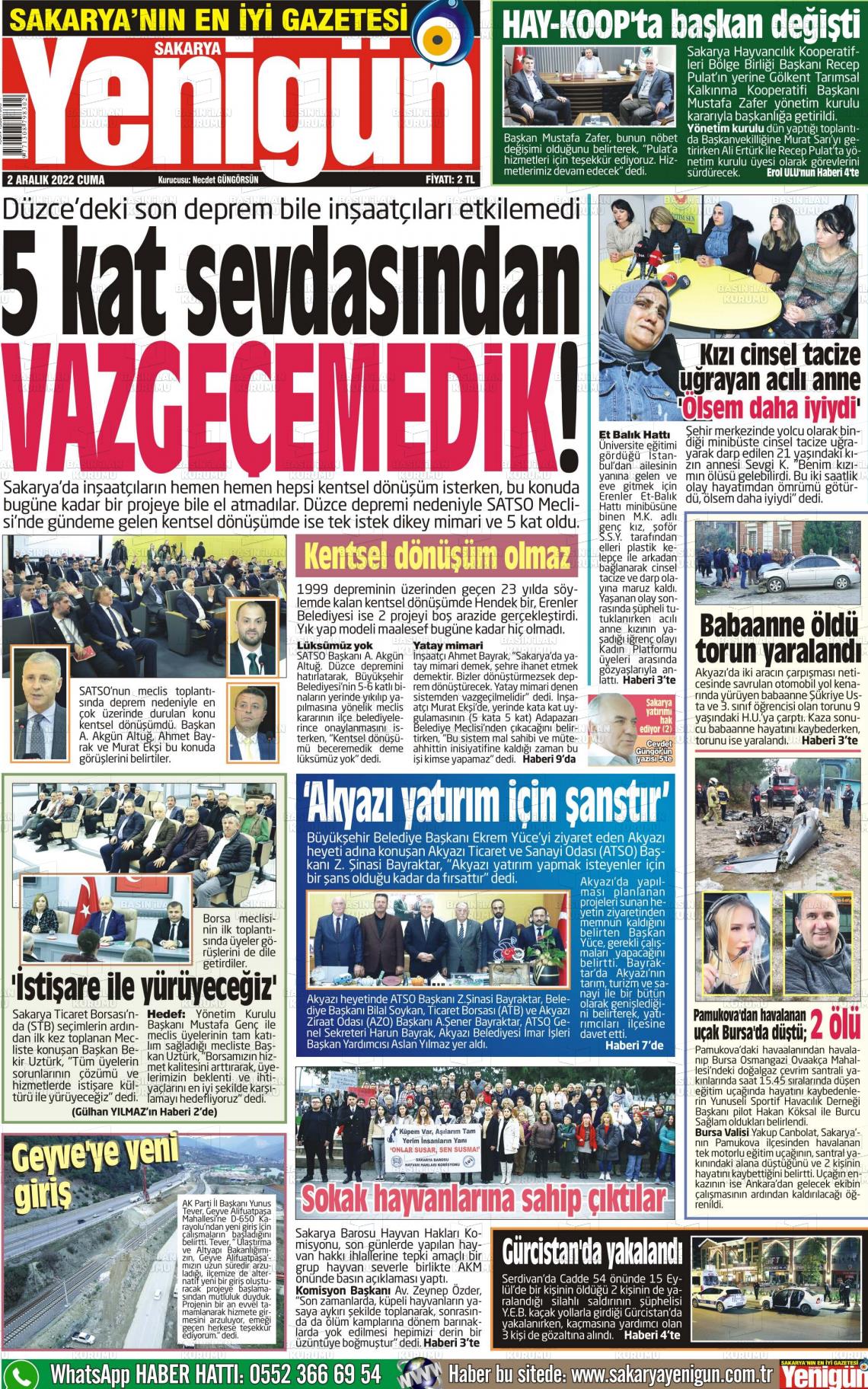 02 Aralık 2022 Sakarya Yenigün Gazete Manşeti