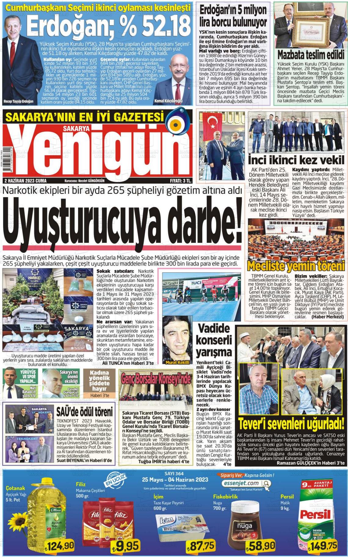 02 Haziran 2023 Sakarya Yenigün Gazete Manşeti