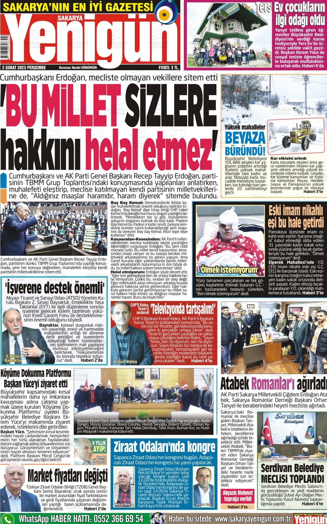 02 Şubat 2023 Sakarya Yenigün Gazete Manşeti