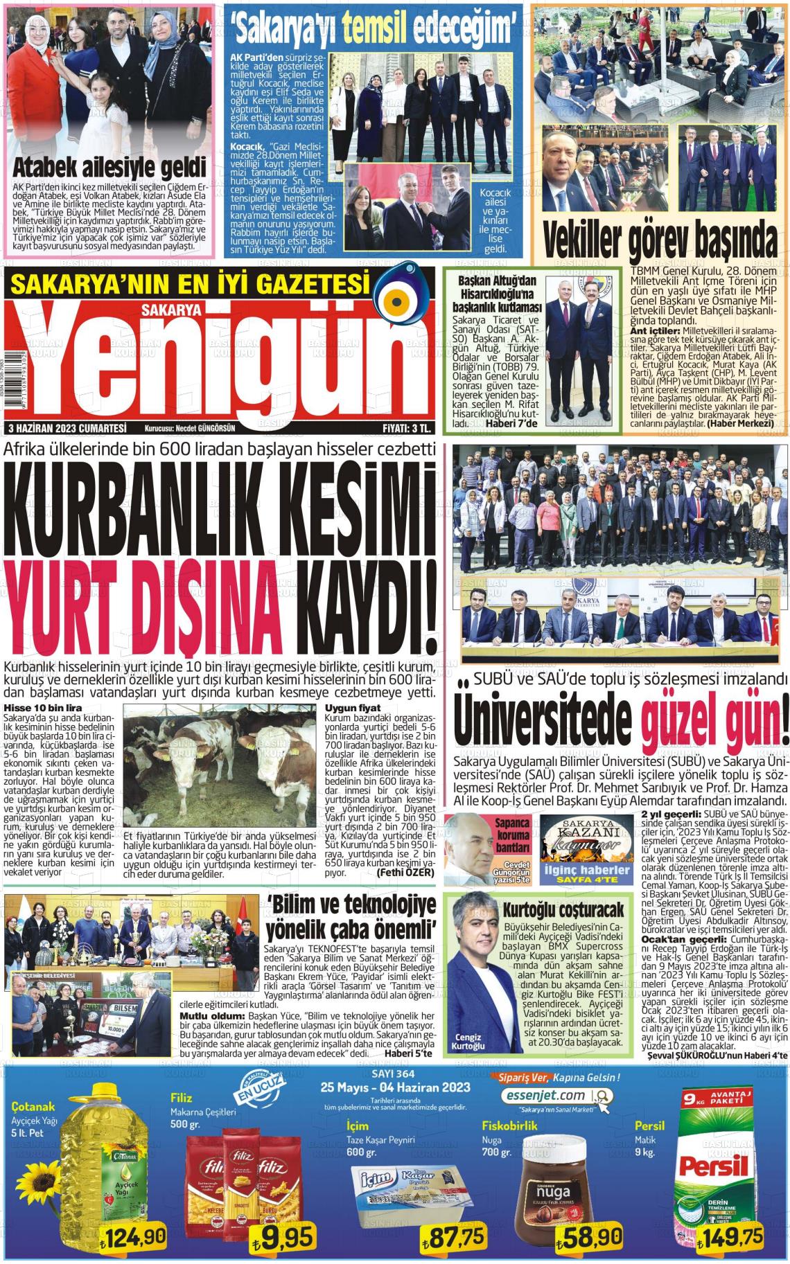 03 Haziran 2023 Sakarya Yenigün Gazete Manşeti