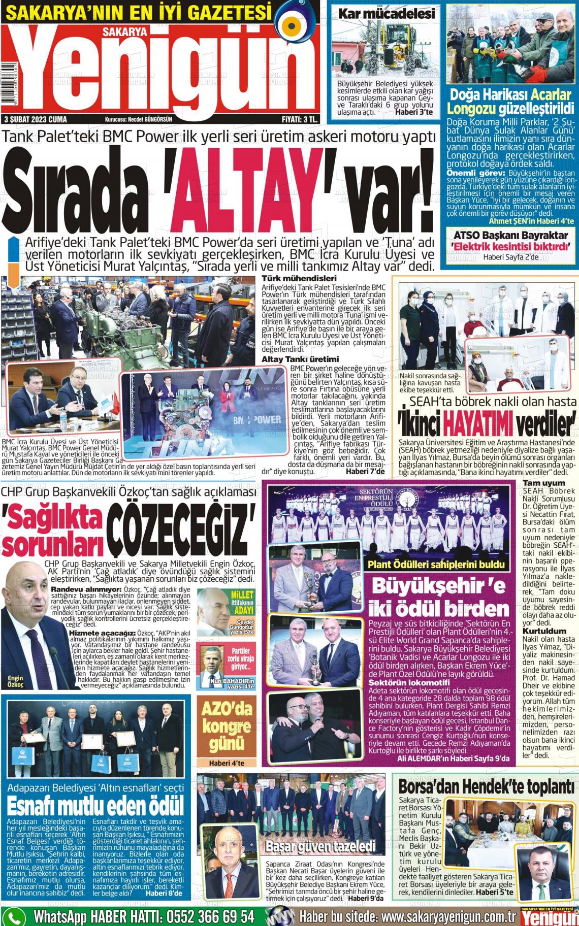 03 Şubat 2023 Sakarya Yenigün Gazete Manşeti