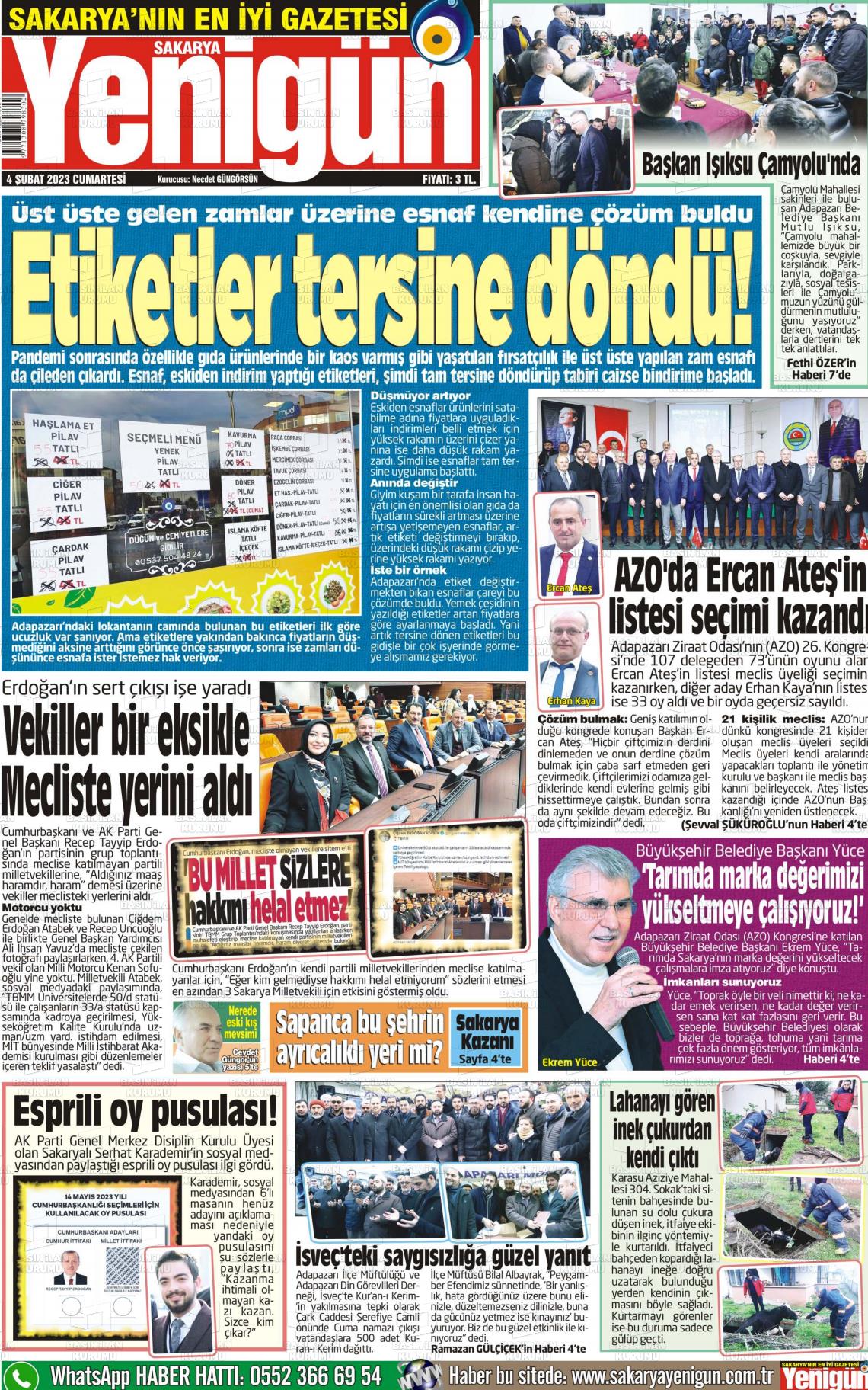 04 Şubat 2023 Sakarya Yenigün Gazete Manşeti