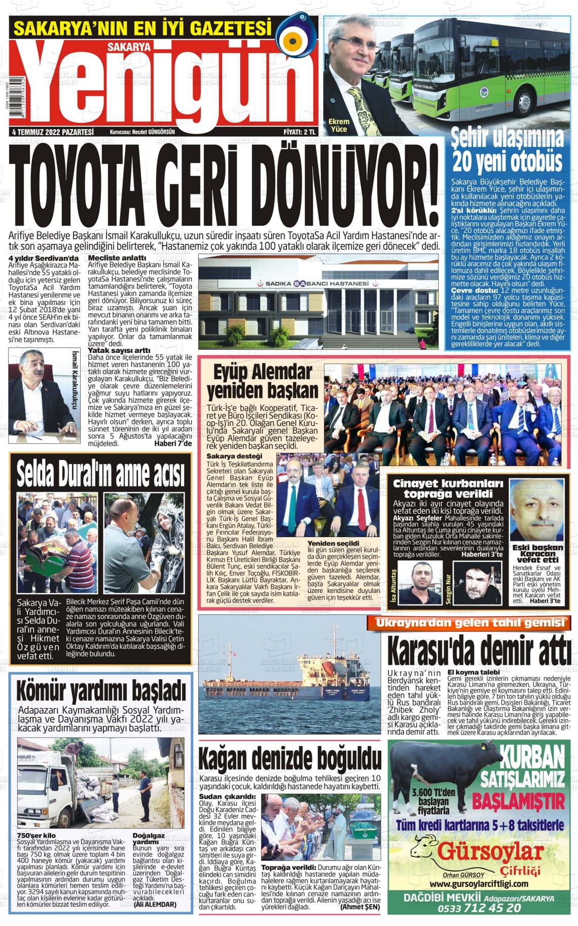 04 Temmuz 2022 Sakarya Yenigün Gazete Manşeti