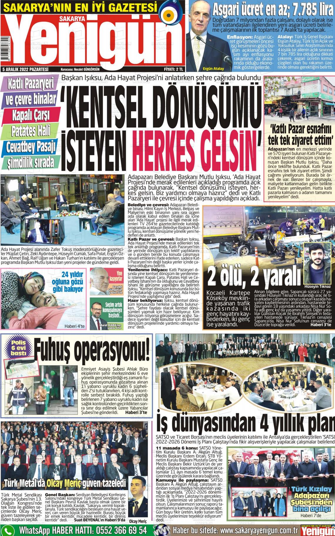 05 Aralık 2022 Sakarya Yenigün Gazete Manşeti