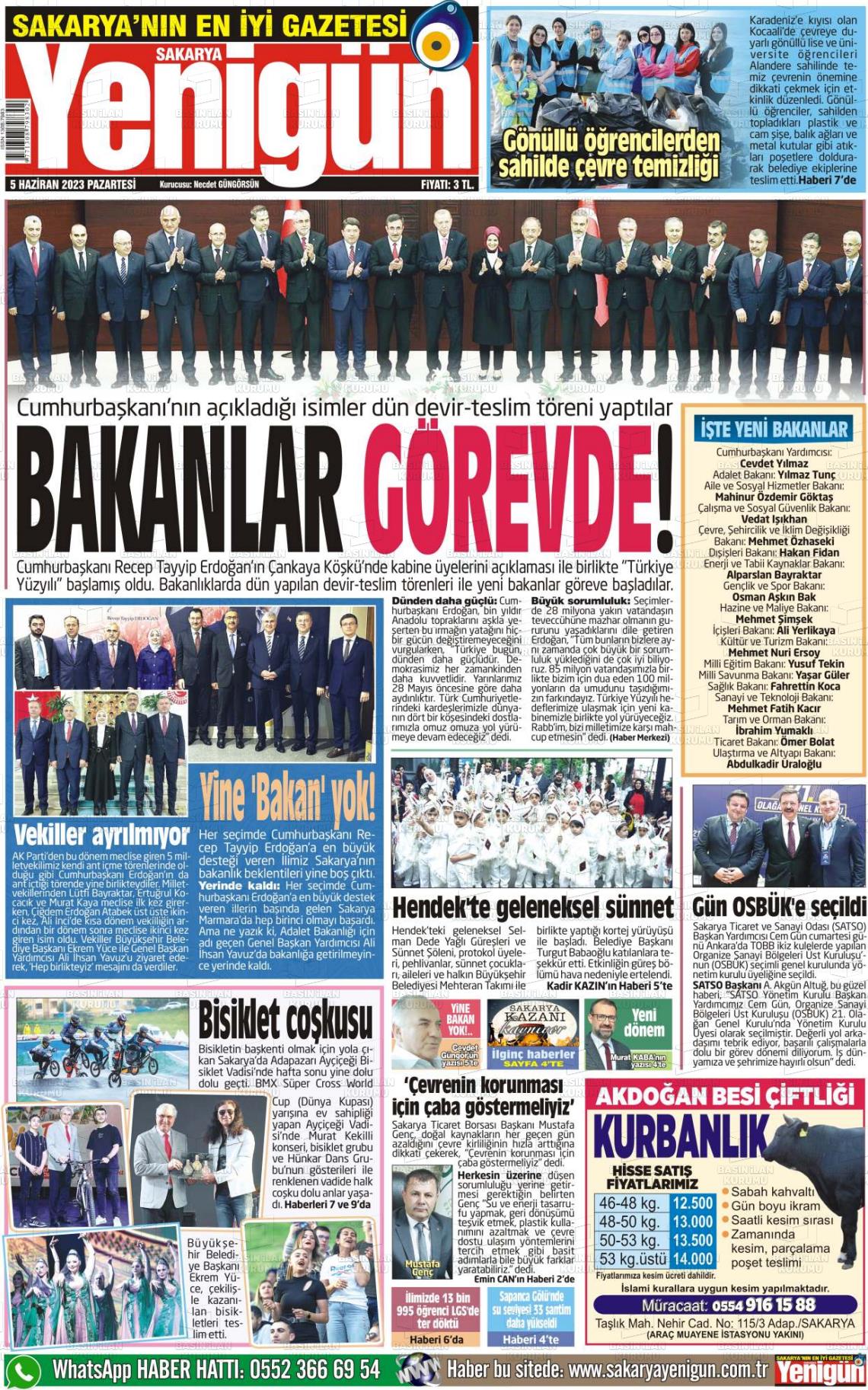 05 Haziran 2023 Sakarya Yenigün Gazete Manşeti