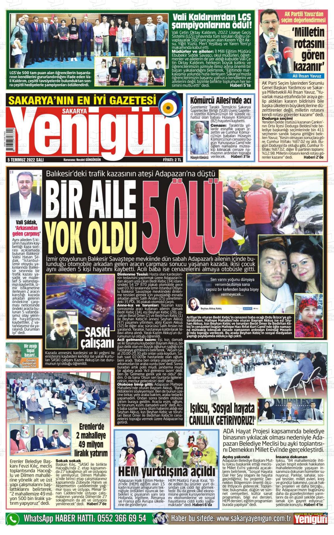 05 Temmuz 2022 Sakarya Yenigün Gazete Manşeti