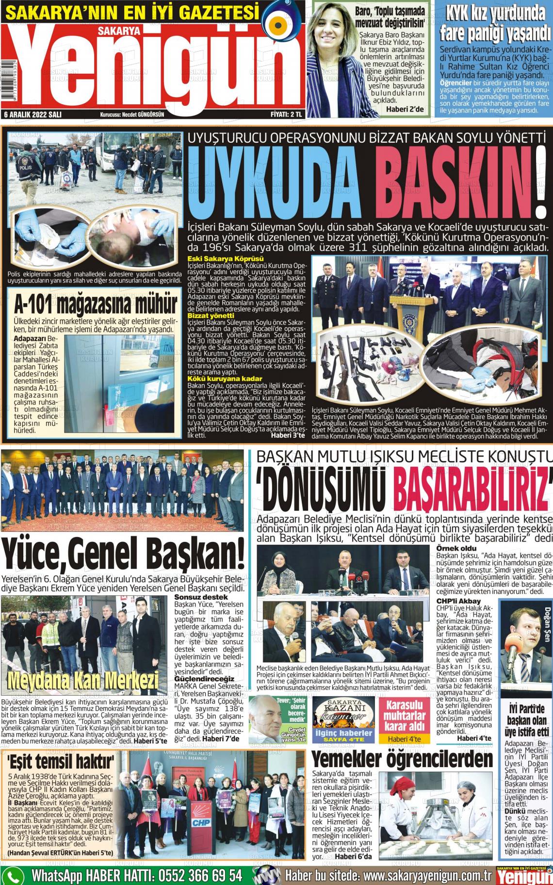 06 Aralık 2022 Sakarya Yenigün Gazete Manşeti