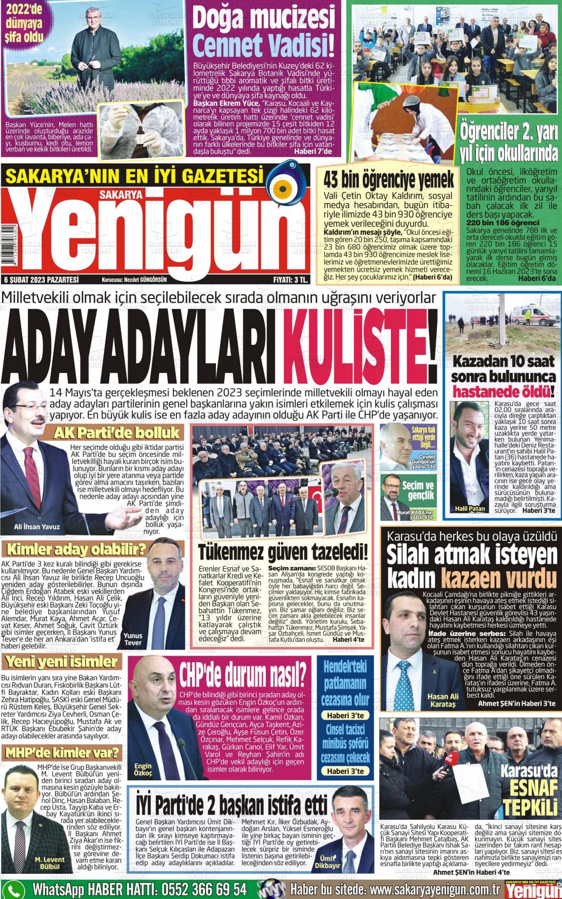 06 Şubat 2023 Sakarya Yenigün Gazete Manşeti