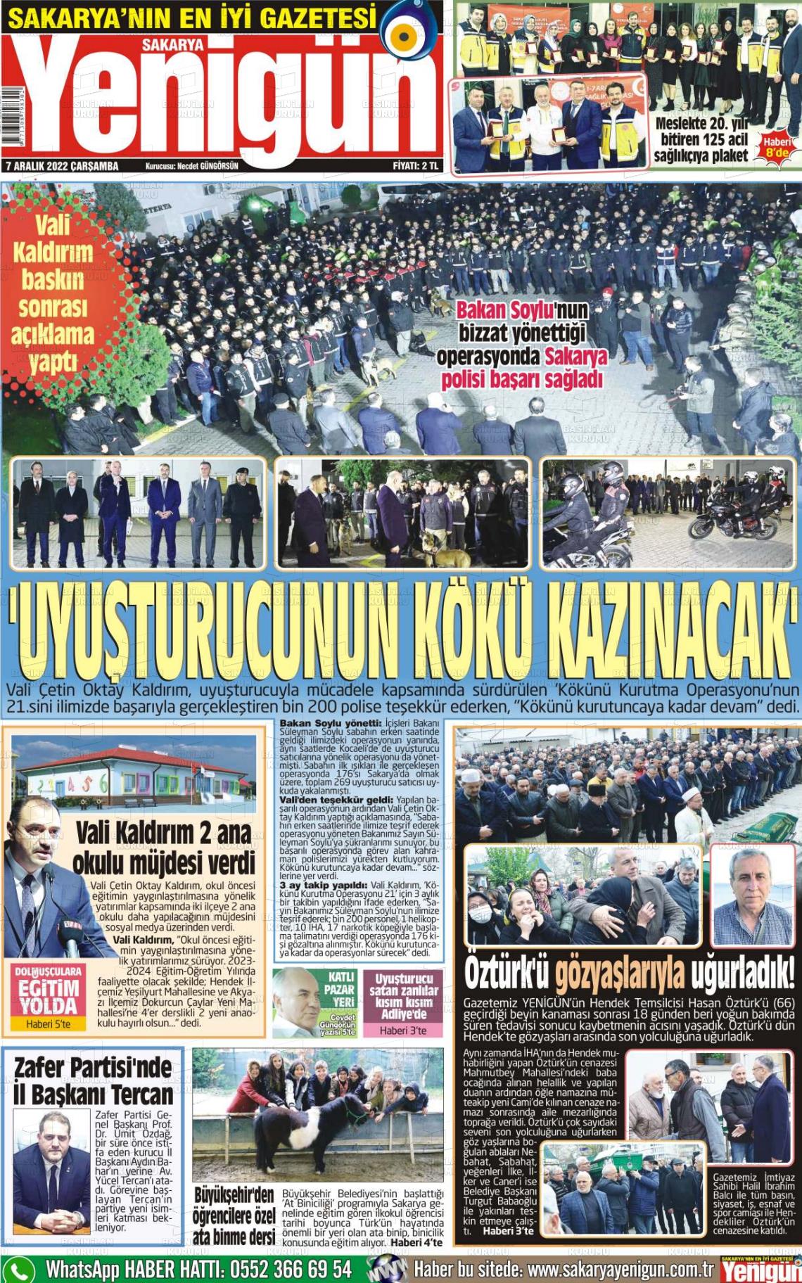 07 Aralık 2022 Sakarya Yenigün Gazete Manşeti