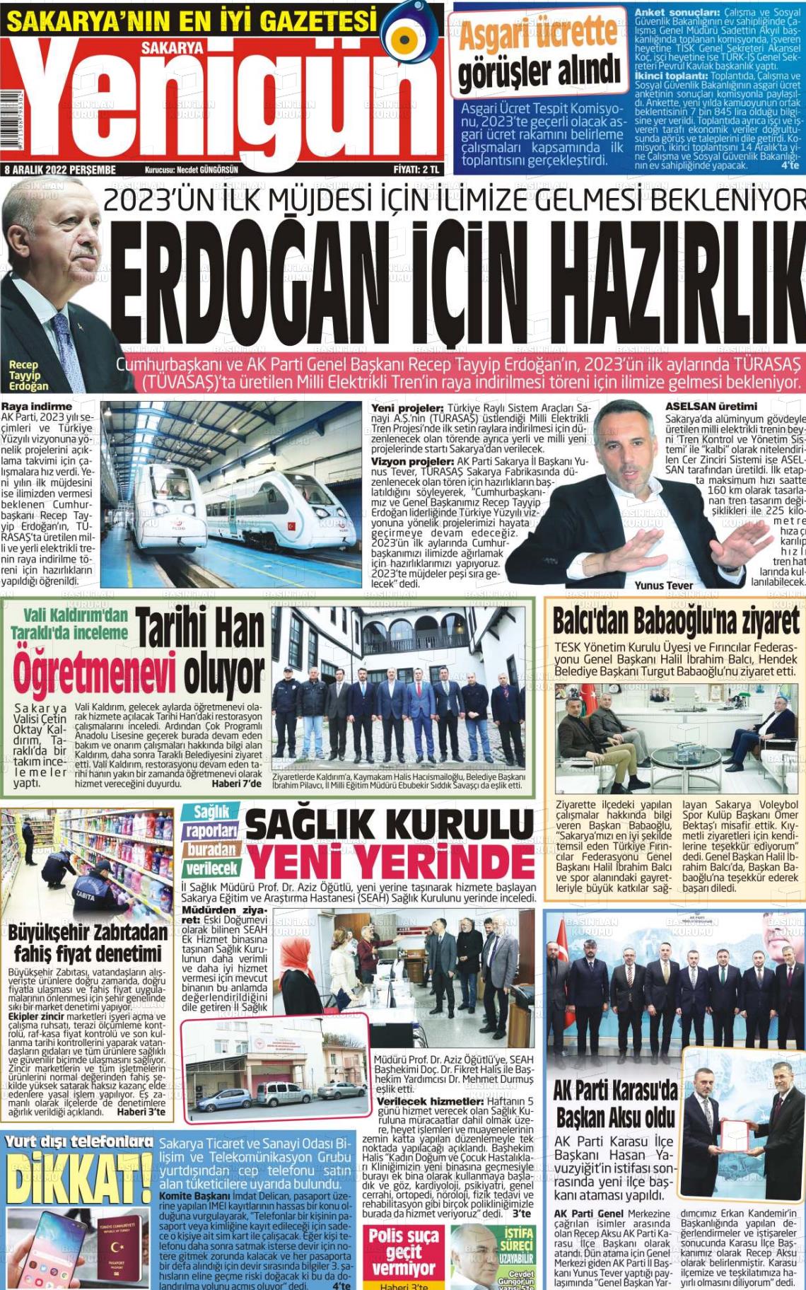 08 Aralık 2022 Sakarya Yenigün Gazete Manşeti