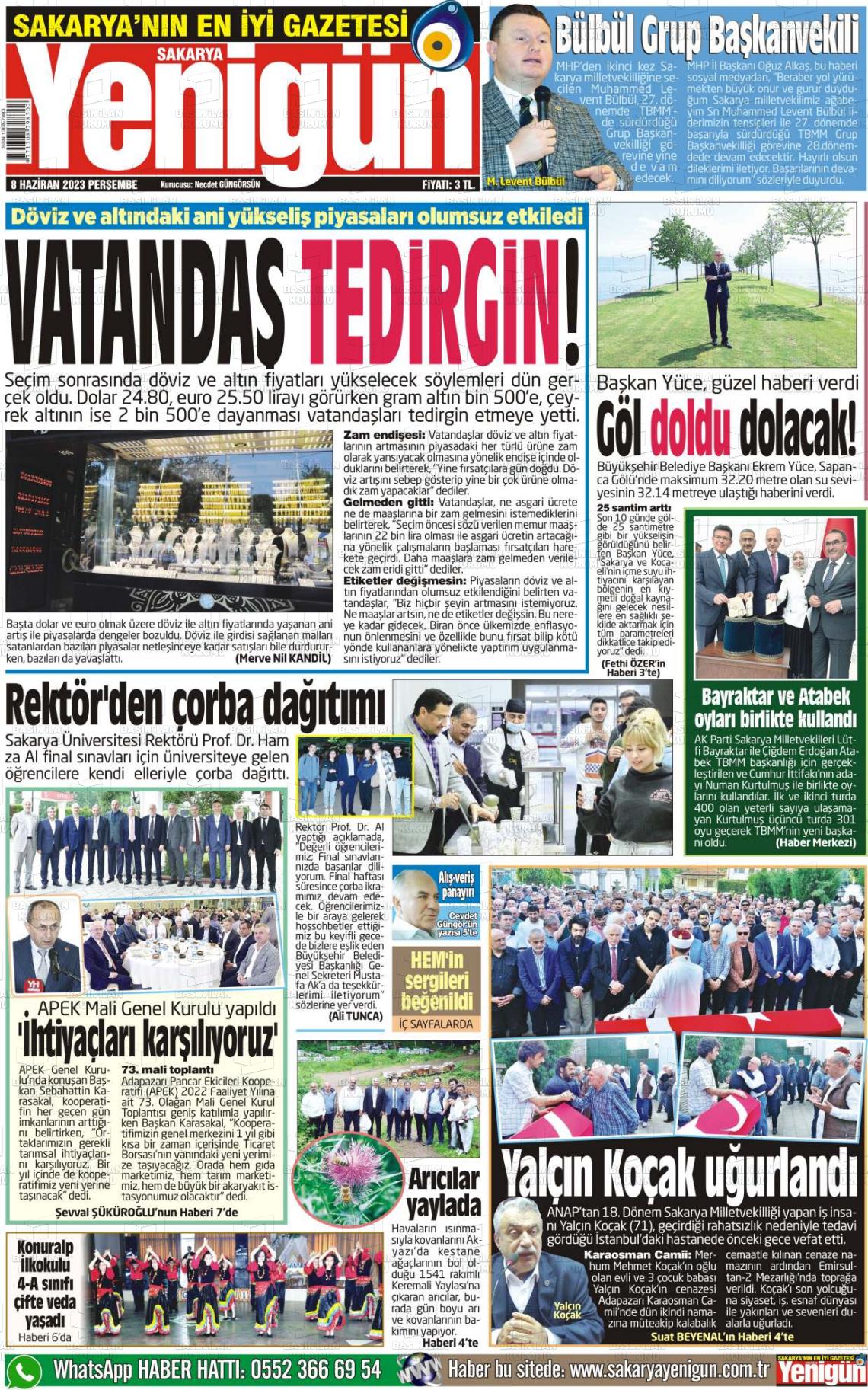 08 Haziran 2023 Sakarya Yenigün Gazete Manşeti