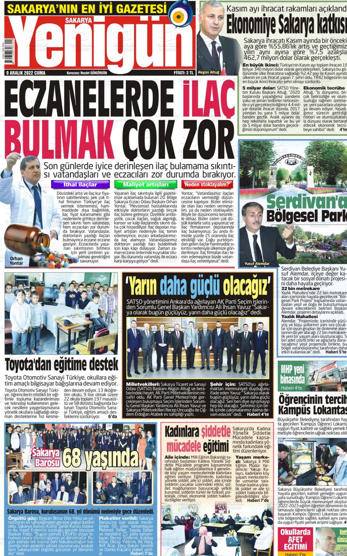 09 Aralık 2022 Sakarya Yenigün Gazete Manşeti