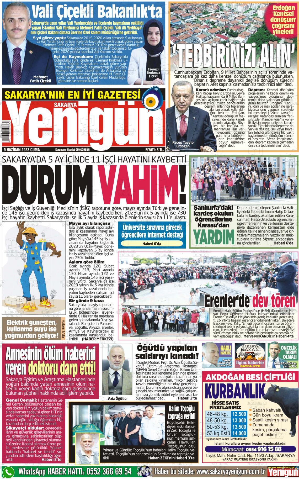 09 Haziran 2023 Sakarya Yenigün Gazete Manşeti