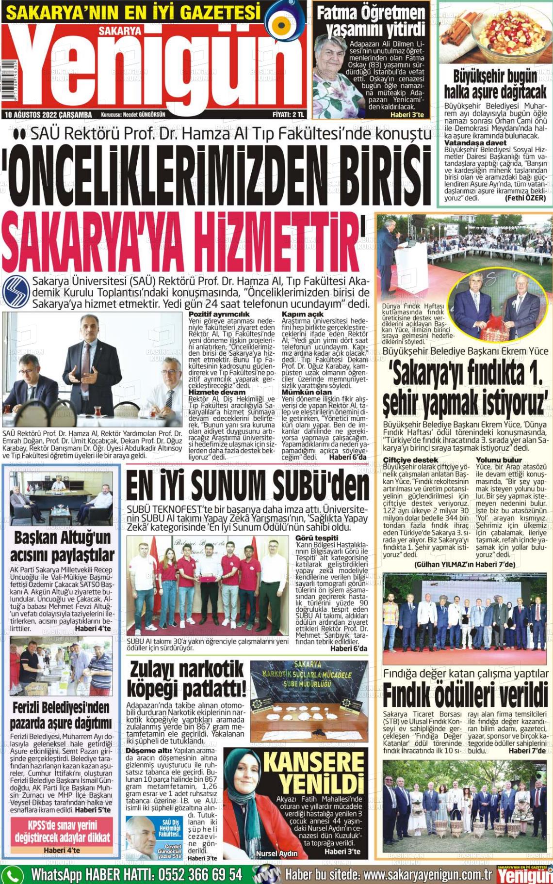 10 Ağustos 2022 Sakarya Yenigün Gazete Manşeti