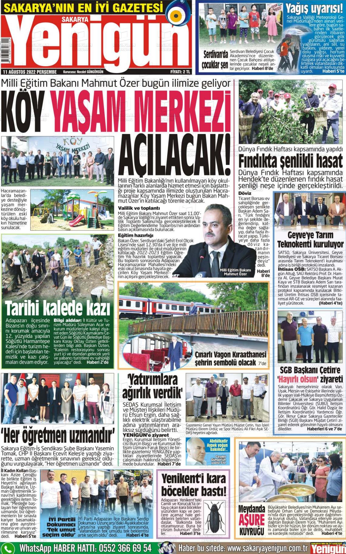 11 Ağustos 2022 Sakarya Yenigün Gazete Manşeti