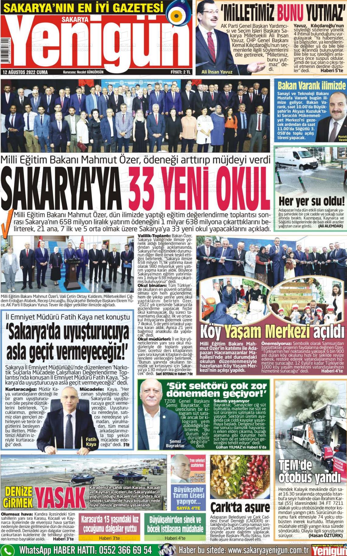 12 Ağustos 2022 Sakarya Yenigün Gazete Manşeti