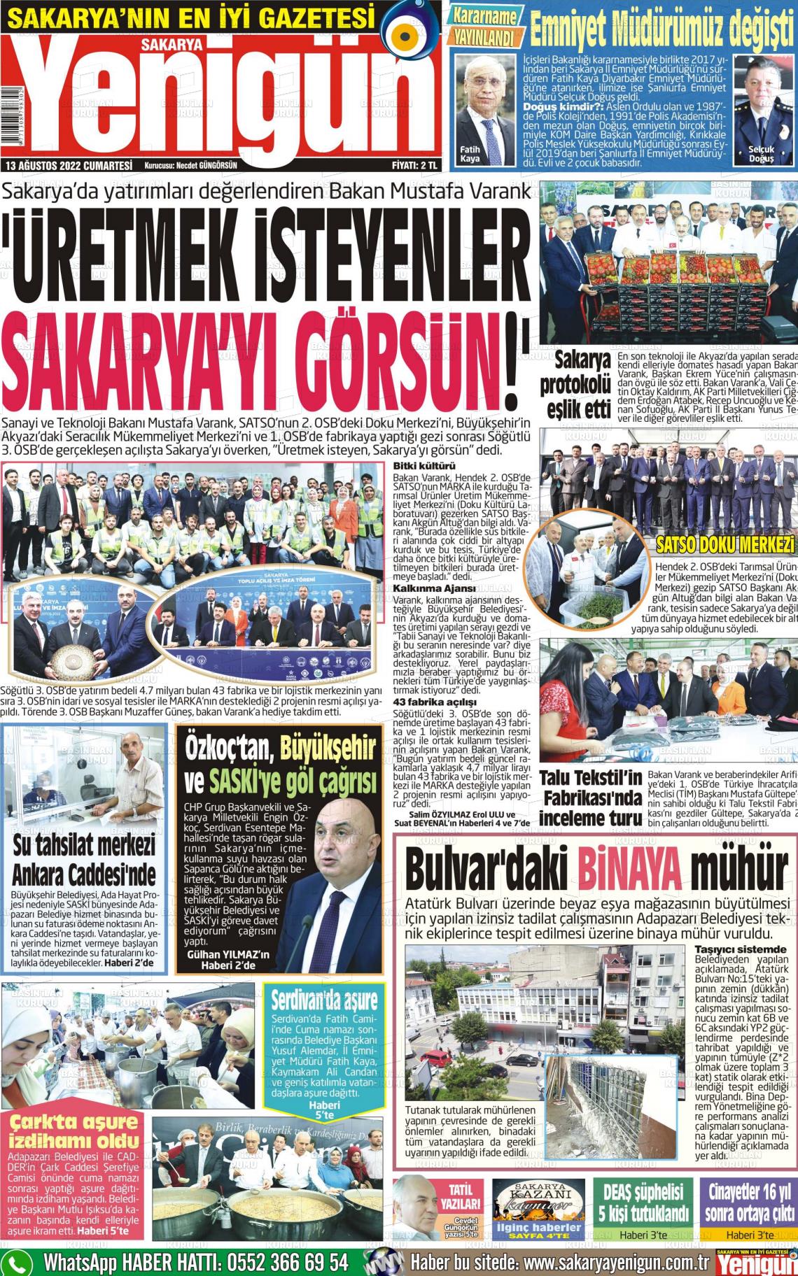 Sakarya Yenigün Gazete Manşeti