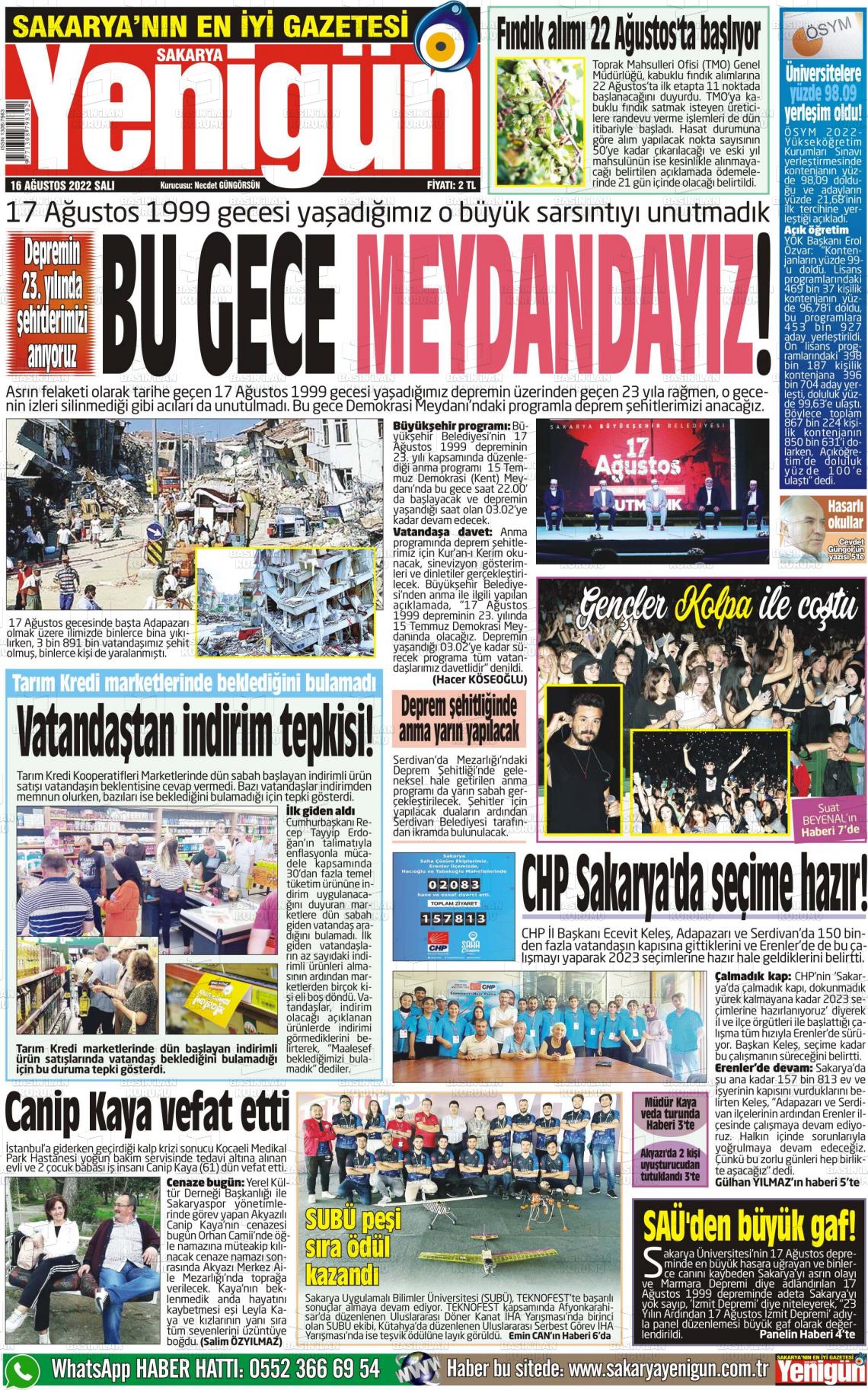 16 Ağustos 2022 Sakarya Yenigün Gazete Manşeti