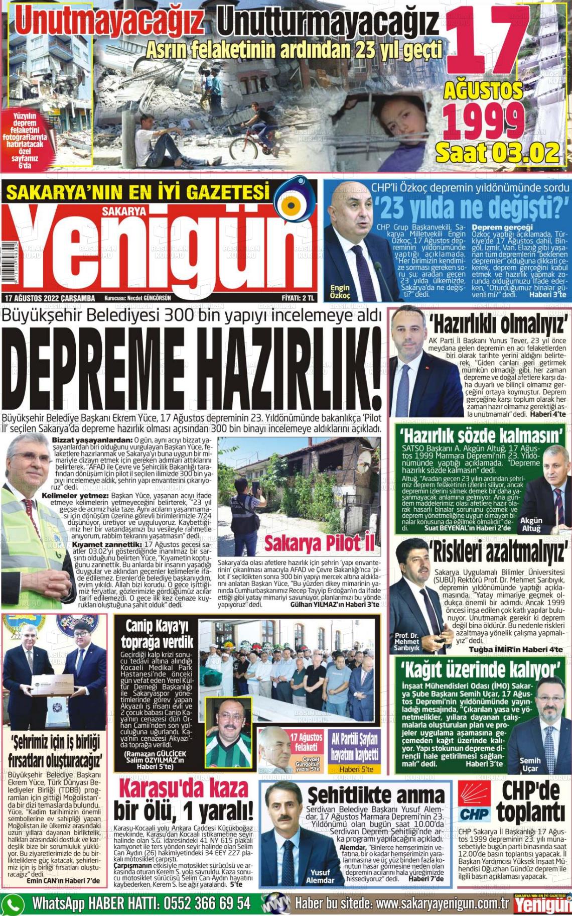 17 Ağustos 2022 Sakarya Yenigün Gazete Manşeti