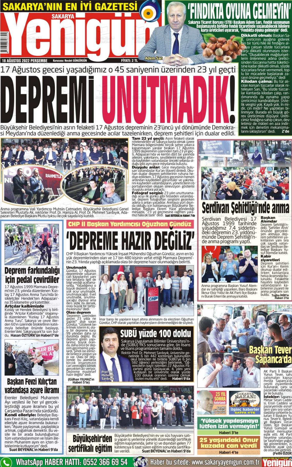 18 Ağustos 2022 Sakarya Yenigün Gazete Manşeti